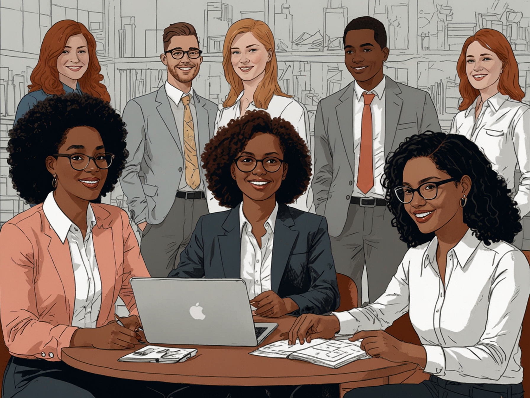 An illustration showing a diverse group of employees in a work environment, highlighting the importance of gender equity and inclusive workplace practices in the tech industry.