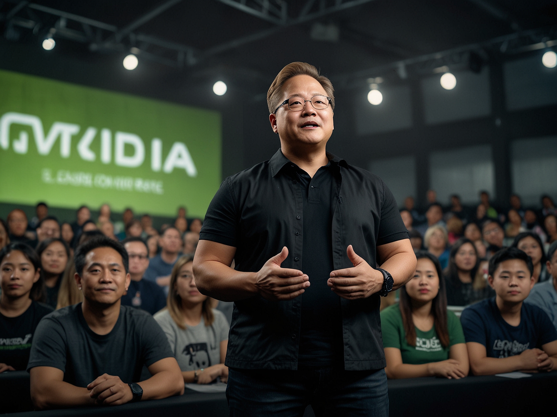 Jensen Huang, CEO of Nvidia, is seen addressing a crowd, emphasizing his visionary leadership and the company's forefront position in the AI revolution.