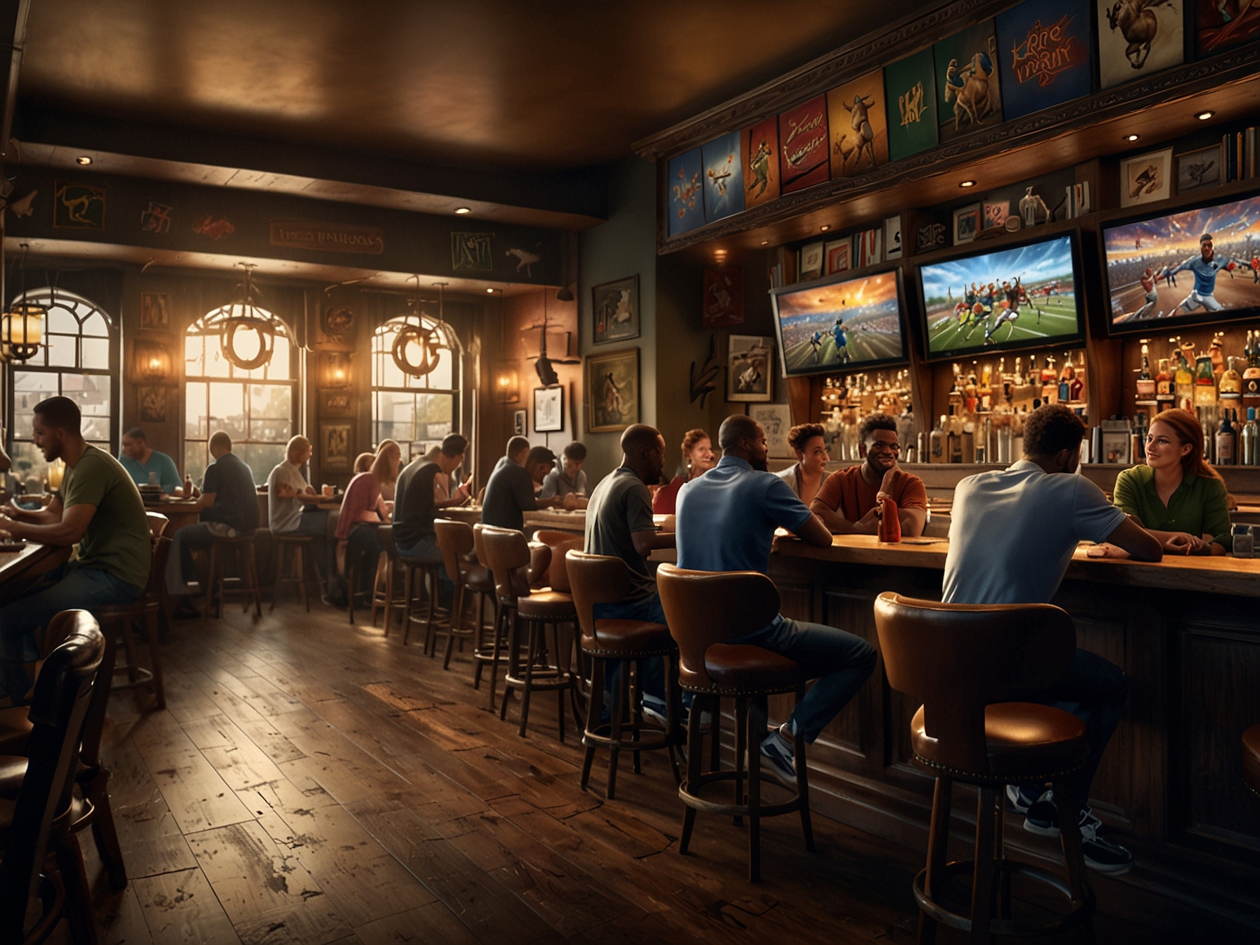 An image showcasing an energetic scene inside The Famous Three Kings sports bar in West Kensington, filled with excited football fans, numerous big screens, and a vibrant atmosphere.
