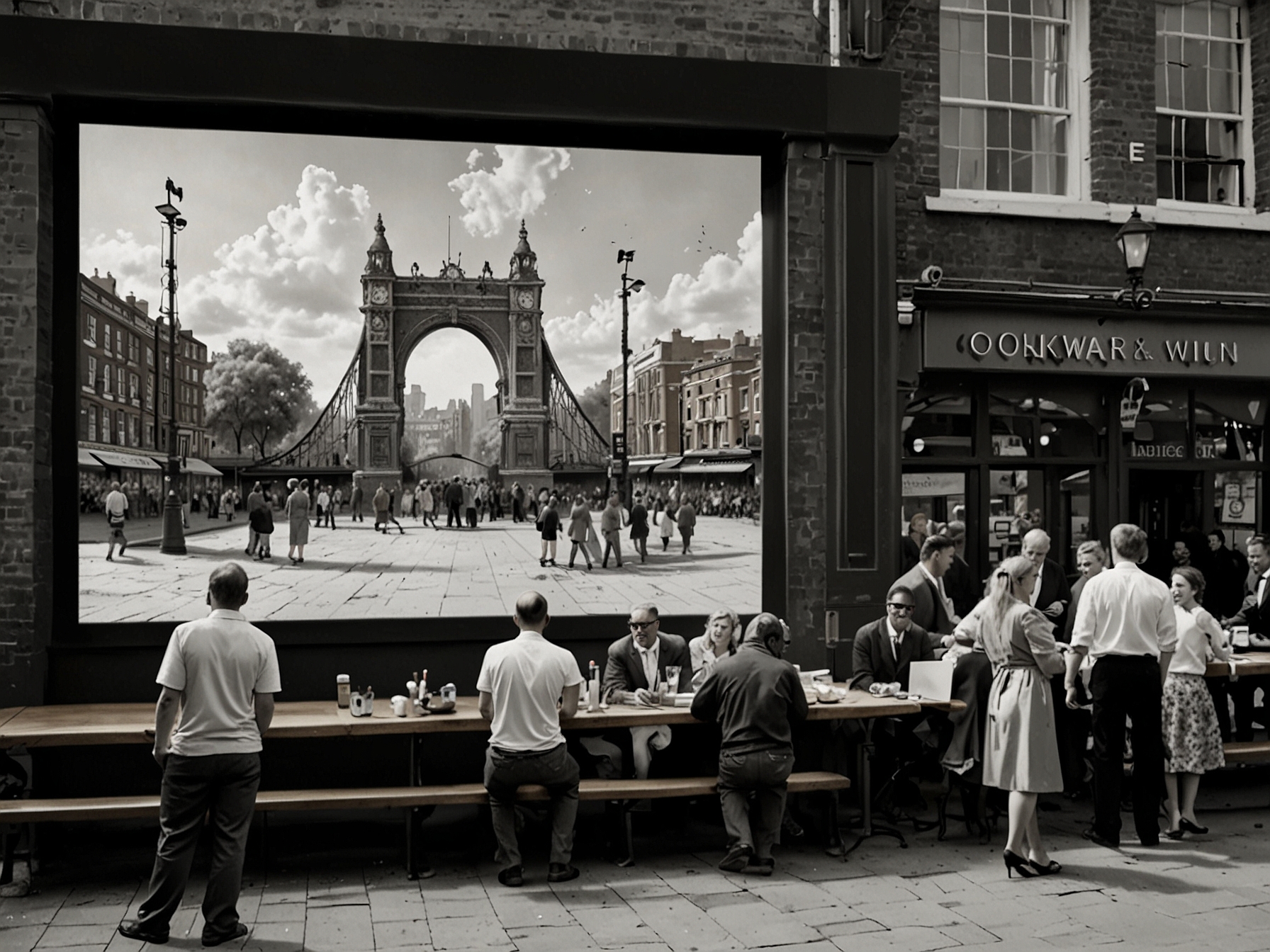 A picturesque view of Flat Iron Square in Southwark, featuring a giant outdoor screen, food vendors, and football fans gathering to watch a live match against the historical railway arches backdrop.