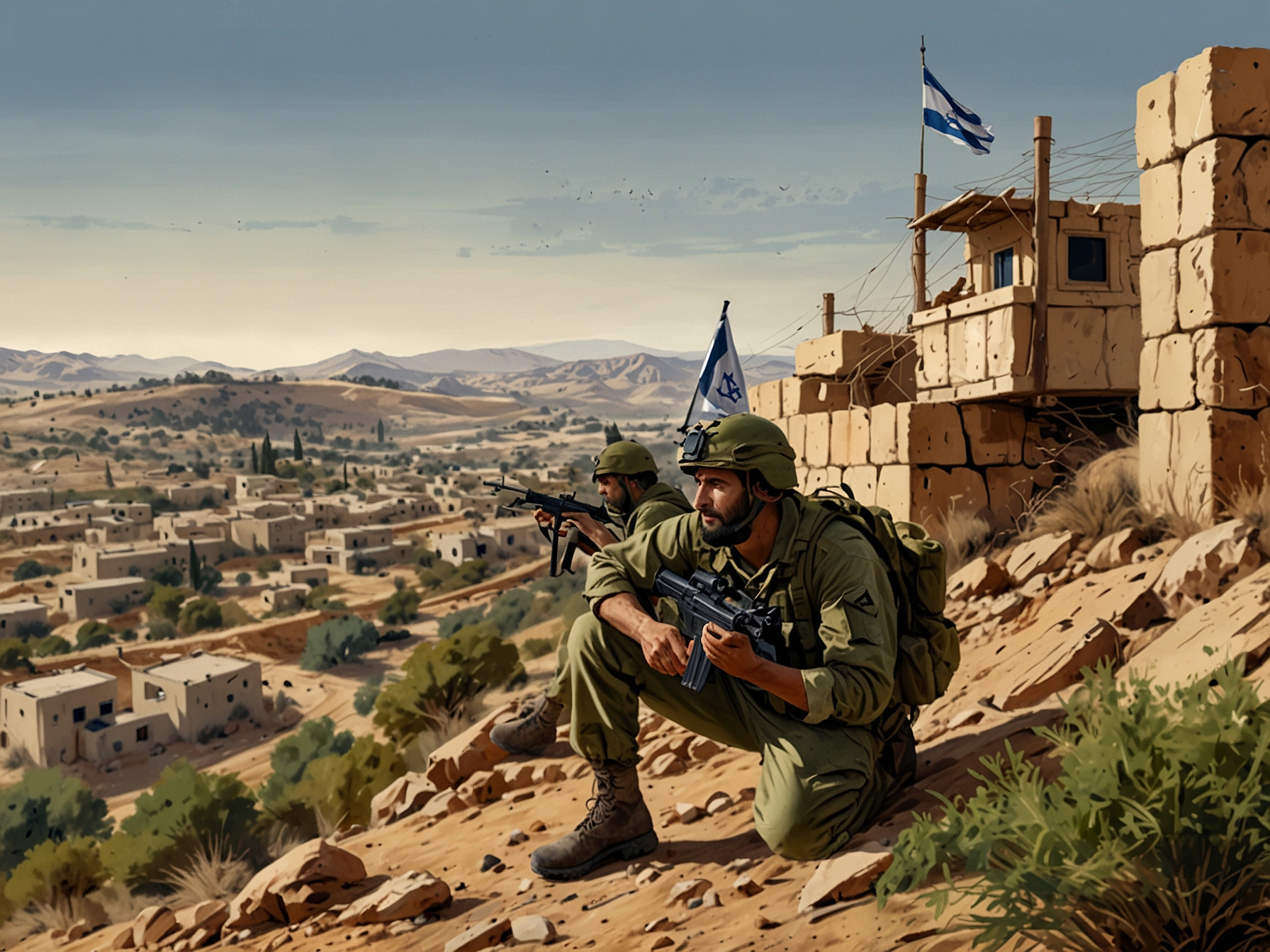 Israeli soldiers on a high alert at the northern border, with fortified positions and advanced surveillance systems, showcasing readiness against potential Hezbollah attacks from Lebanon.