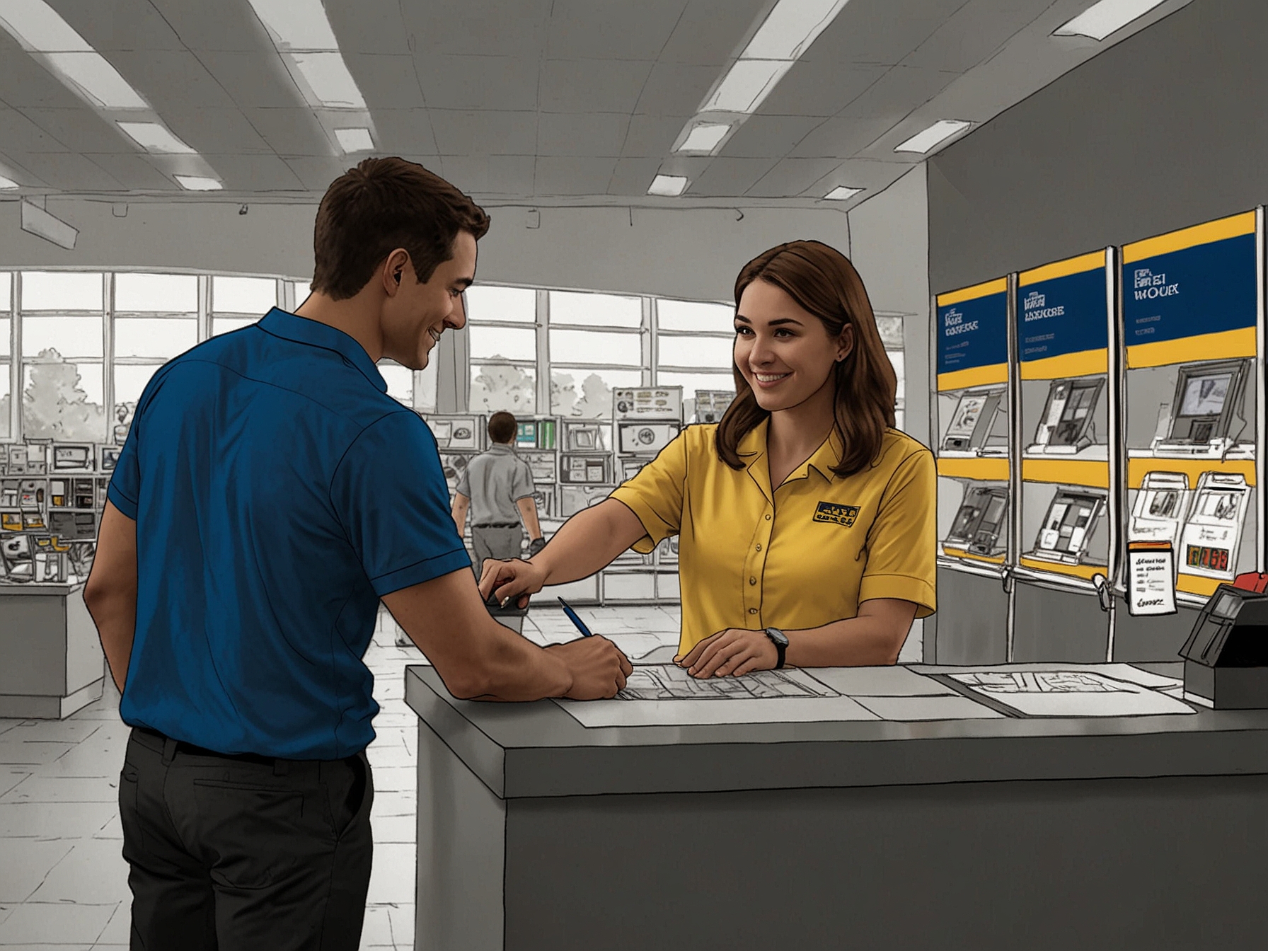 A Best Buy employee assisting a customer in selecting the perfect Windows Copilot device, demonstrating knowledgeable support and high-quality service in-store.