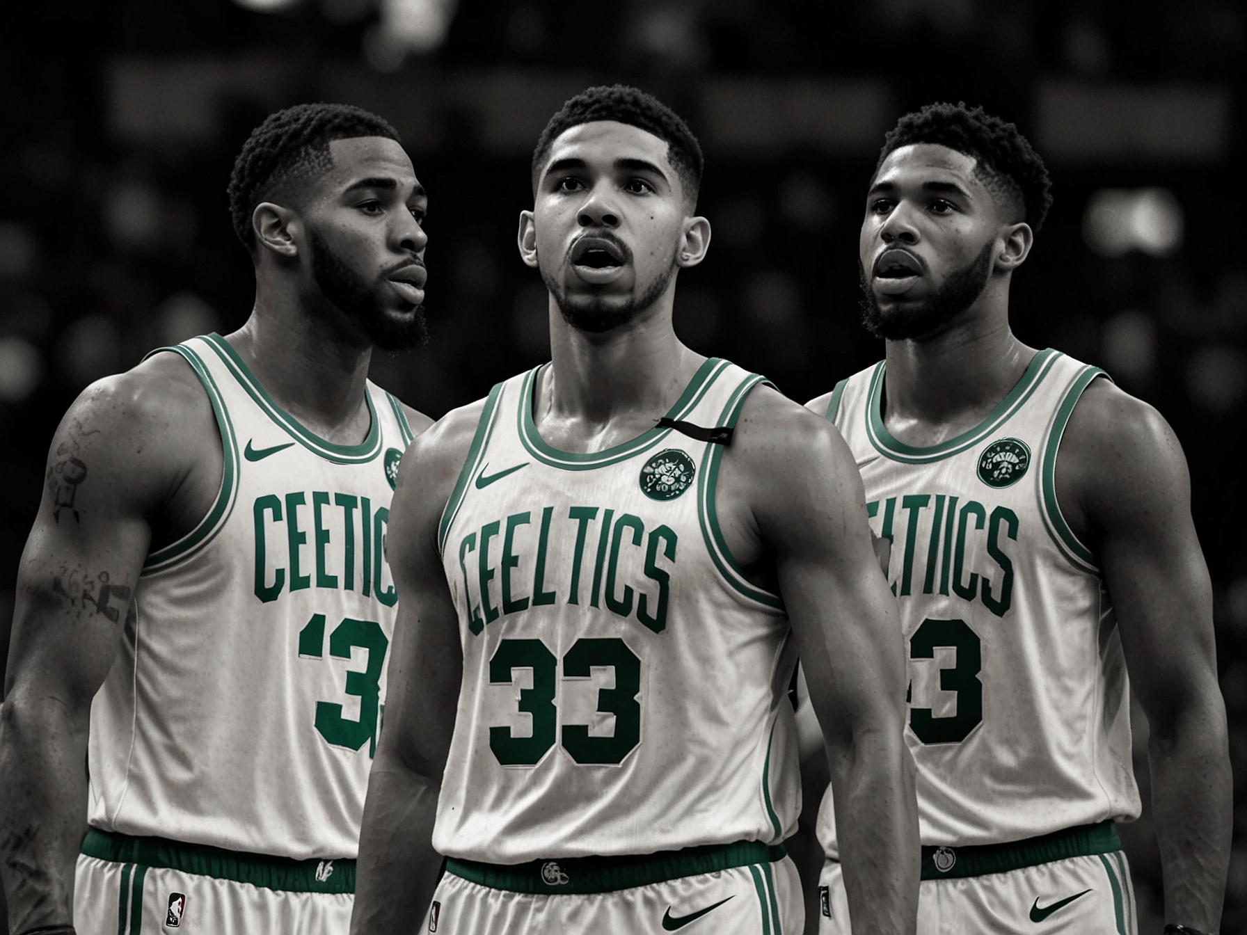 Jayson Tatum, Jaylen Brown, and Marcus Smart displaying their resilience and skill on the court, driving the Celtics toward a potential historic win against the Mavericks.