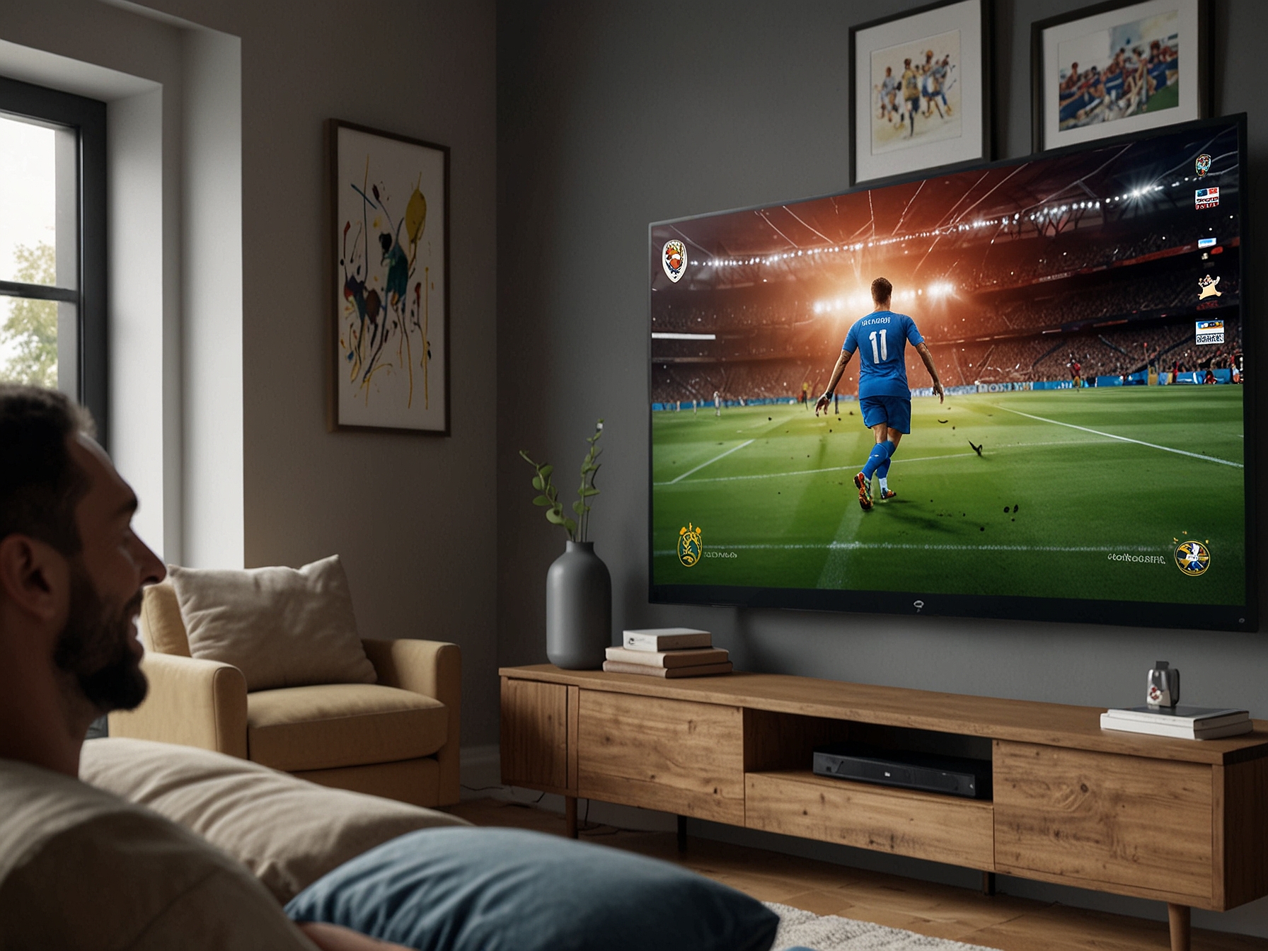 A football fan excitedly watching Copa America 2024 on multiple devices, including a smart TV, smartphone, and tablet, highlighting comprehensive streaming options available for the event.