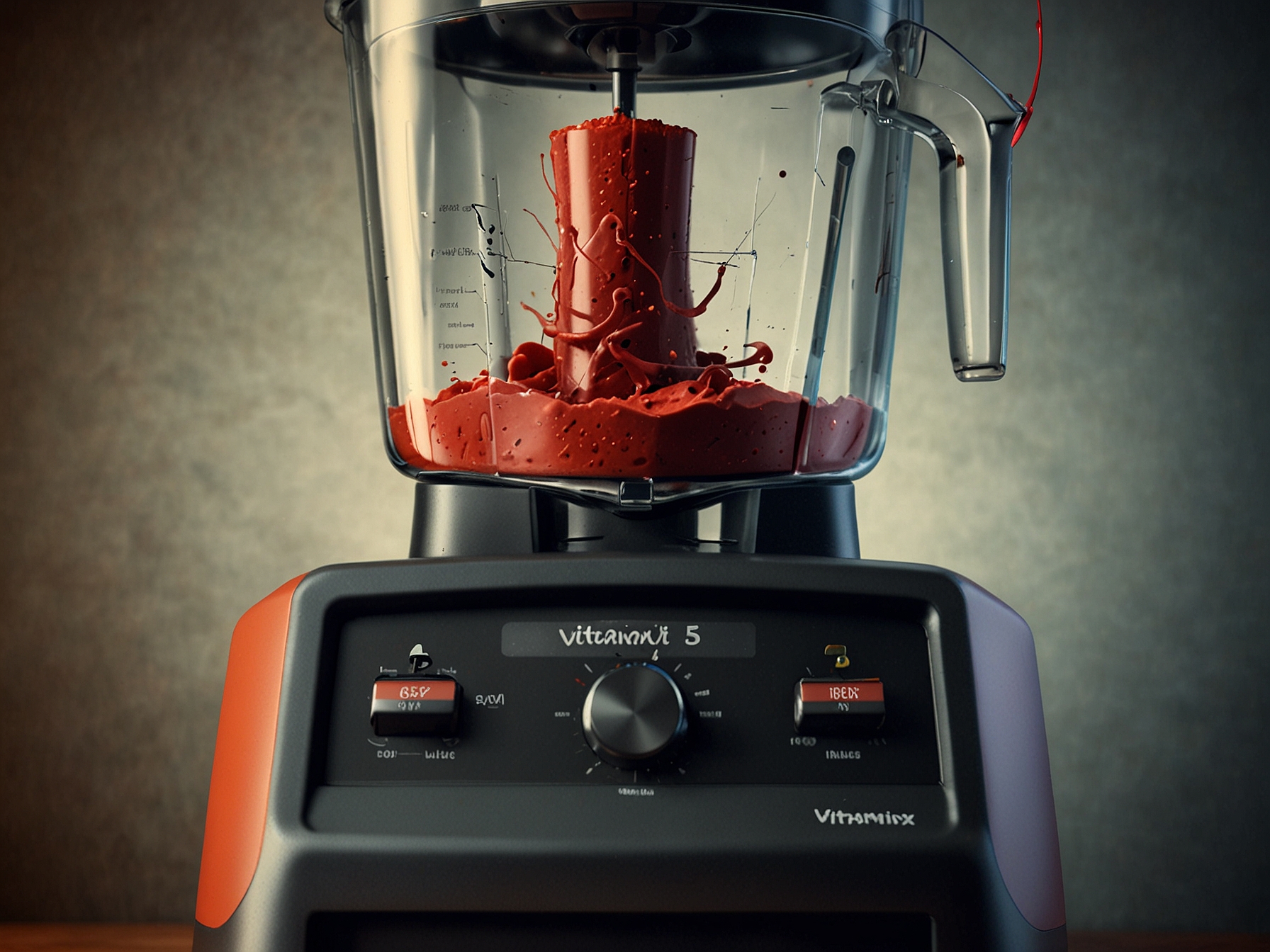 A close-up image of a Vitamix blender, highlighting the blades. Warning signs are placed around the blades to emphasize the cutting hazard that led to the recall.