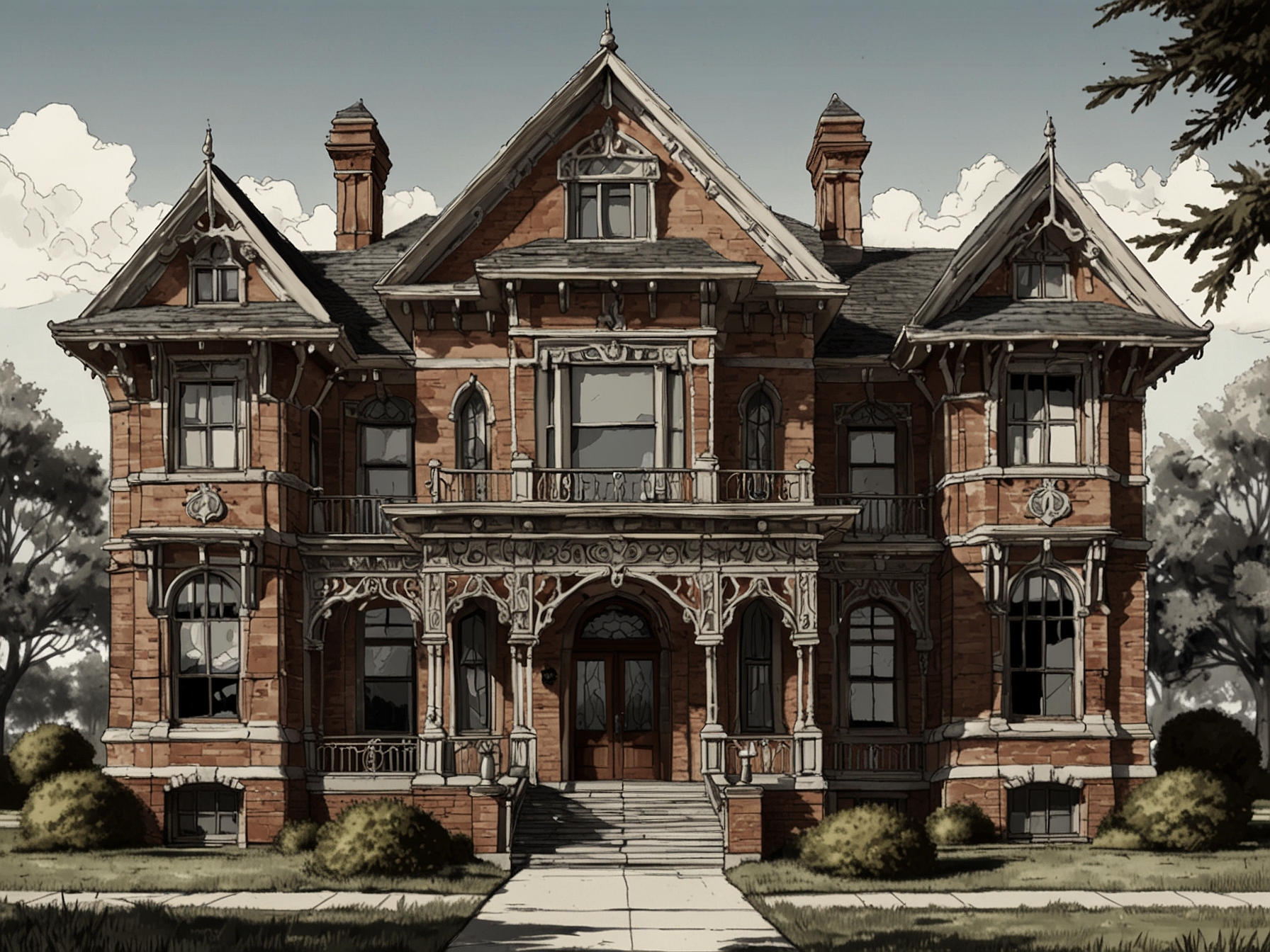 An exterior view of the historic Creswell Mansion, showcasing its Victorian-style architecture with ornate woodwork and intricate stained glass windows.