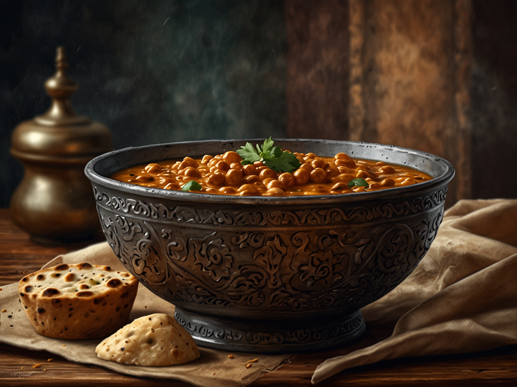 An inviting bowl of Dal Bukhara, featuring its silky consistency and deep, rich color, served with naan bread, highlighting its traditional Indian preparation and luxurious taste.