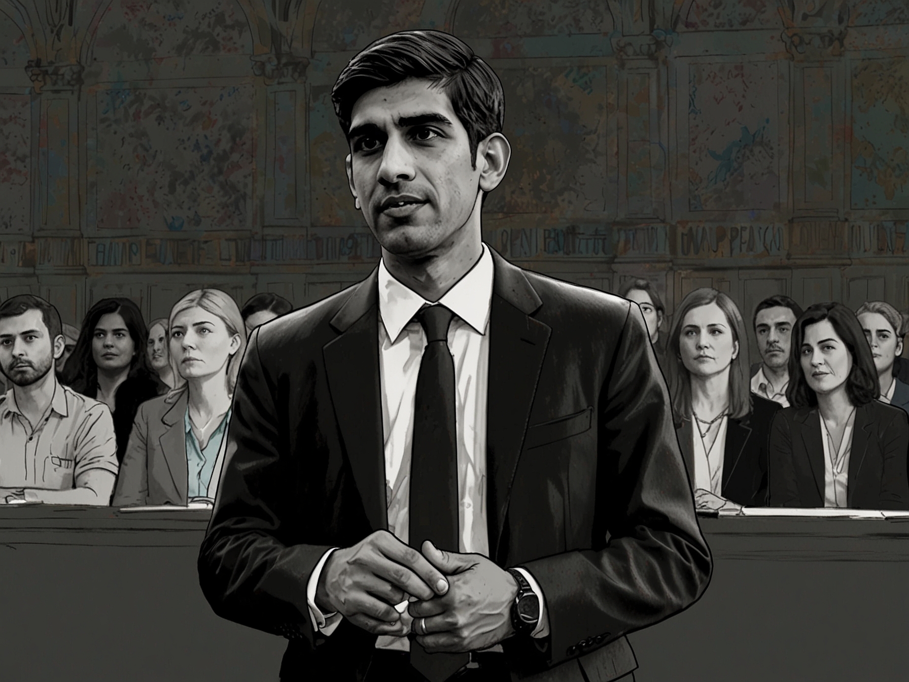 Prime Minister Rishi Sunak speaking during the BBC's Question Time, with audience members visibly reacting, some showing disapproval. Sunak addresses the balance between national security and human rights.
