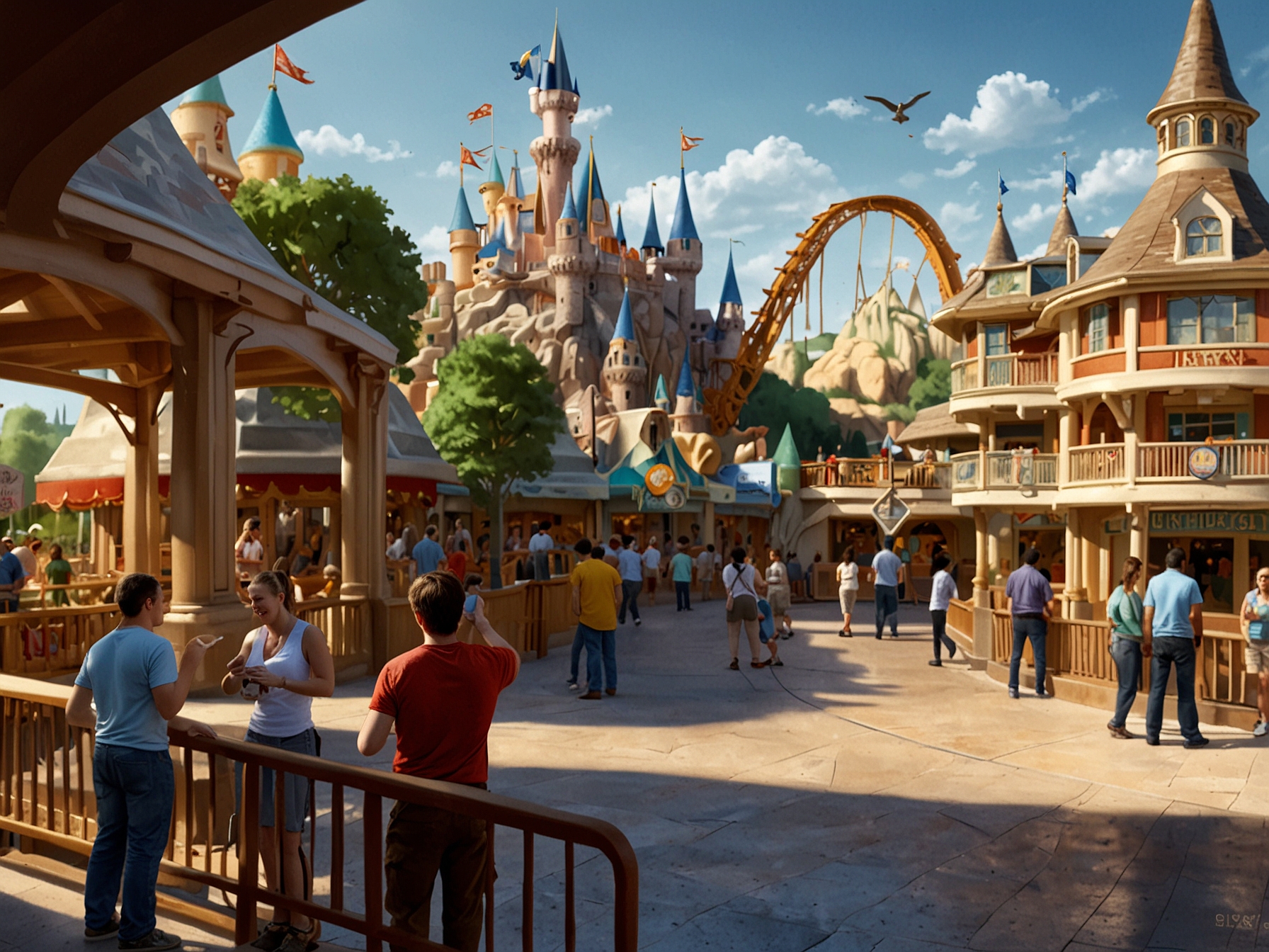 A view of Fantasyland expansion showing partially built new attractions and retail spaces, with construction workers busy and signs highlighting the future enhancements.