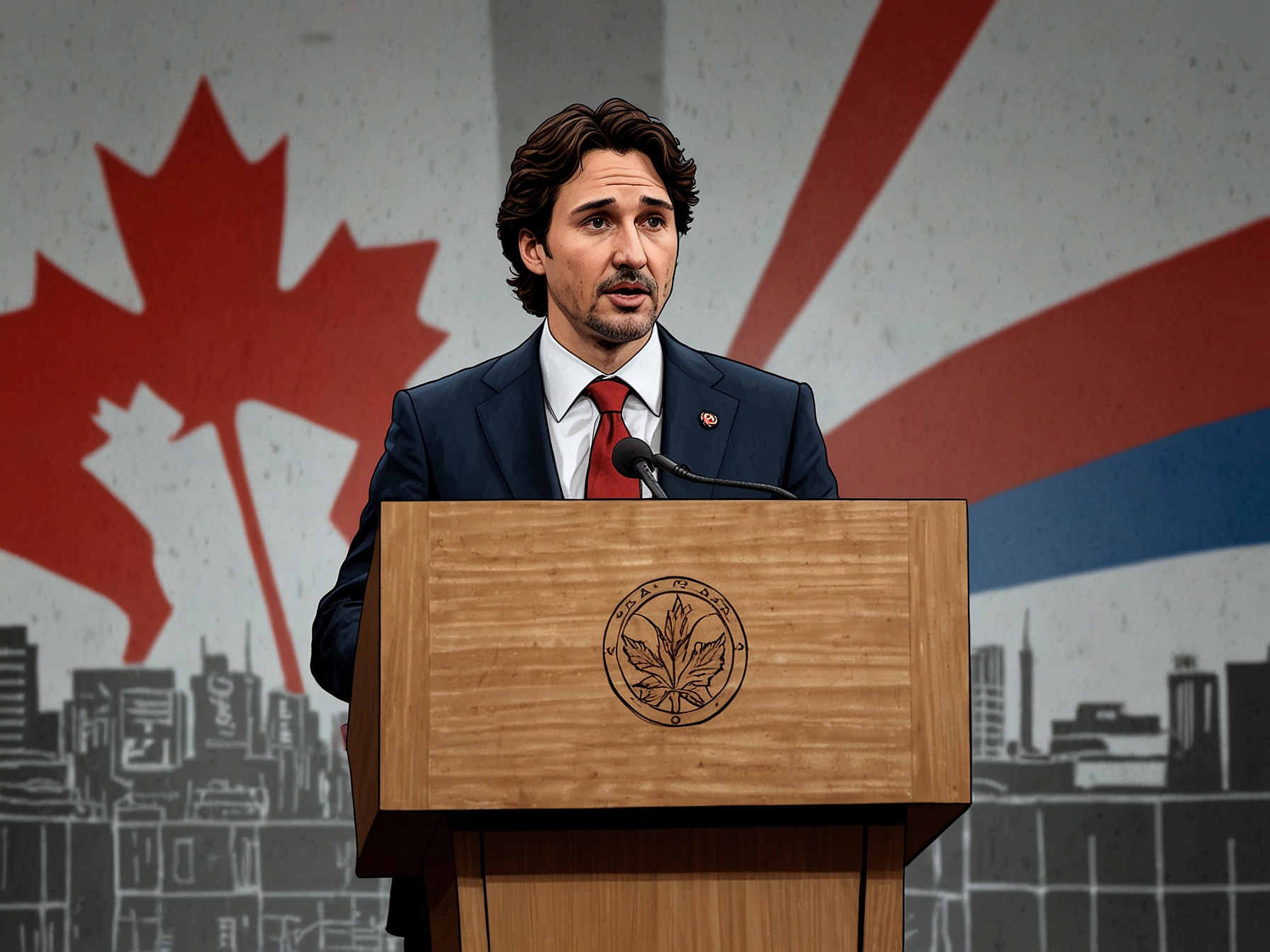 Prime Minister Justin Trudeau speaks at a podium, expressing his condolences and paying tribute to Donald Sutherland, highlighting the late actor's immense contributions to Canadian culture and the film industry.