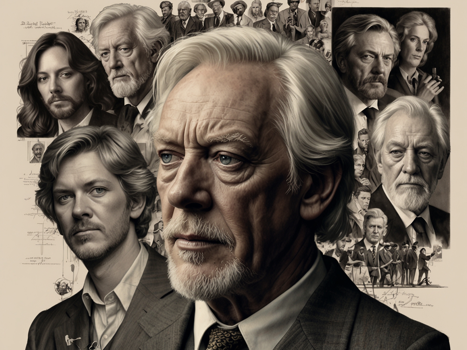 A collage of Donald Sutherland's iconic film roles, showcasing his versatility and talent across different genres, from war films to psychological thrillers, demonstrating his impressive and enduring legacy as an actor.