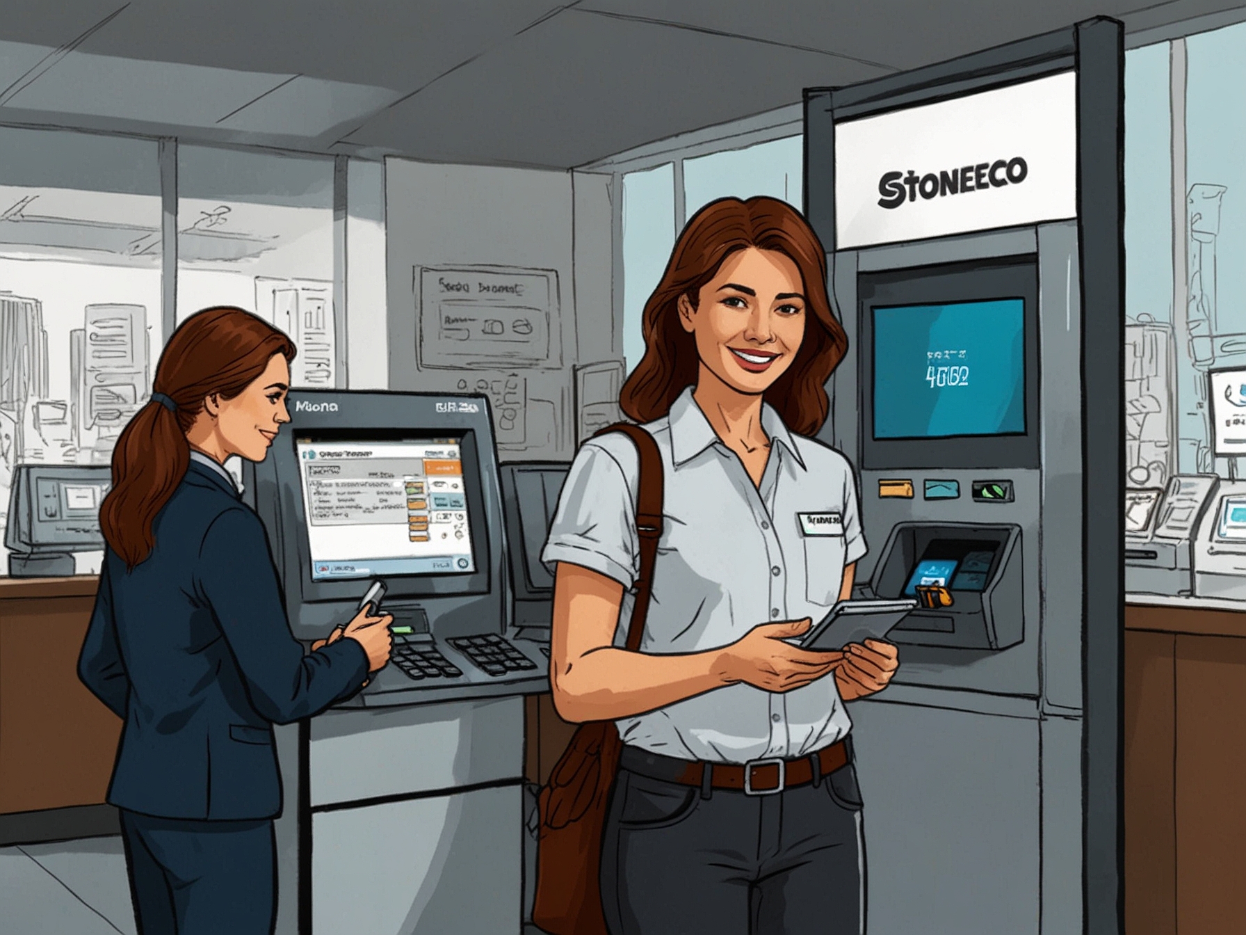 Illustration of StoneCo's digital payment systems being used by small and medium-sized enterprises, showcasing the company's role in modernizing payment processes.