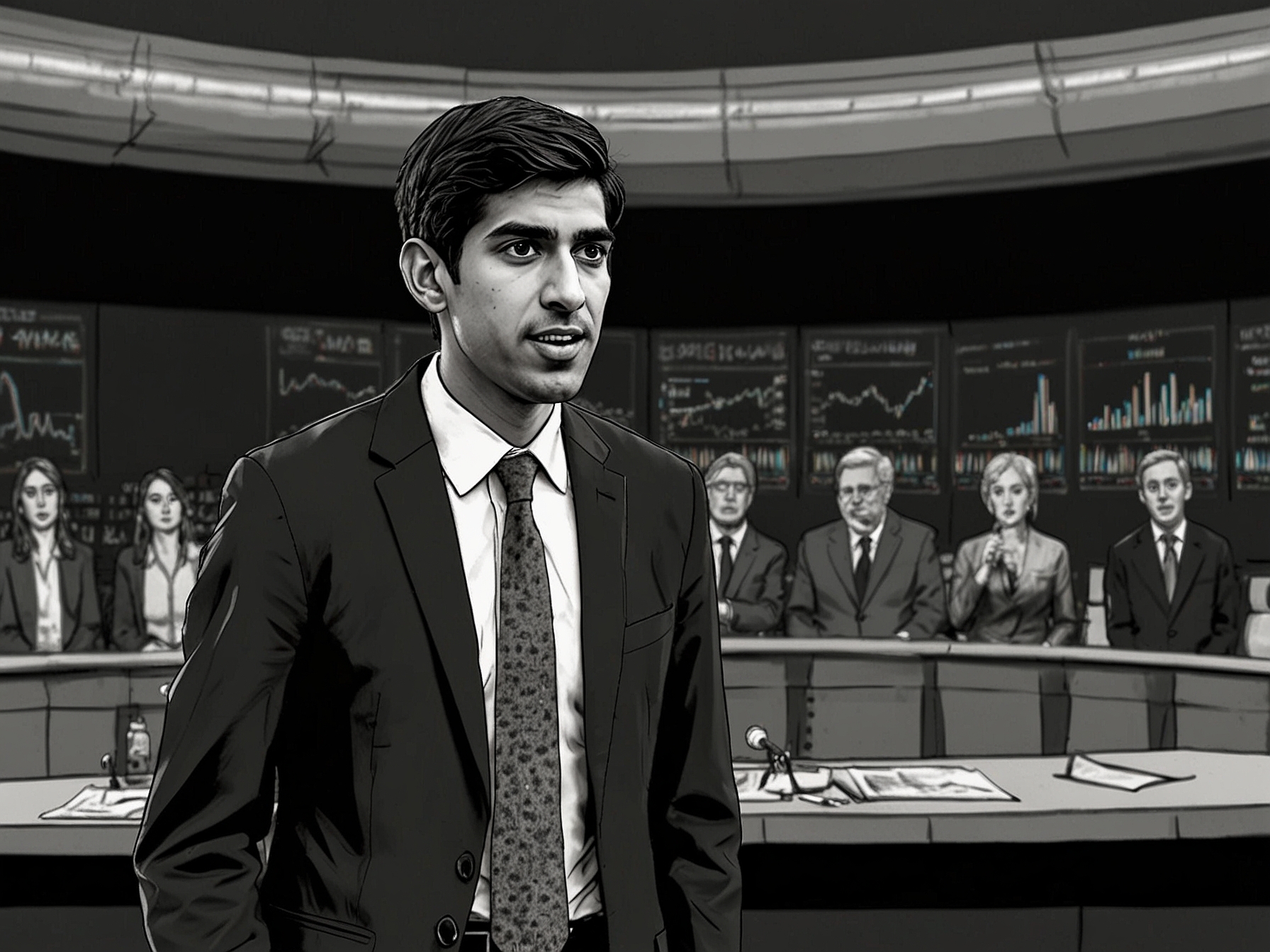 Rishi Sunak confidently presenting economic data during the TV election debate, highlighting his plans for economic recovery and combating inflation to gain audience favor.