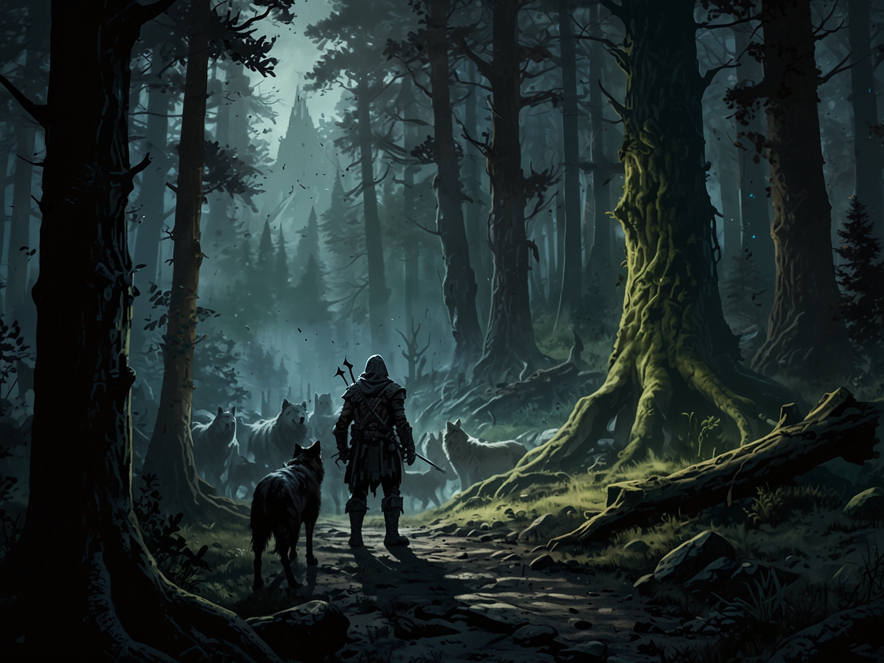 An adventurer stands in the mystical Mistwood region, facing off against spectral knights and wolves in the Howling Wood as they search for Count Ymir to initiate the quest.
