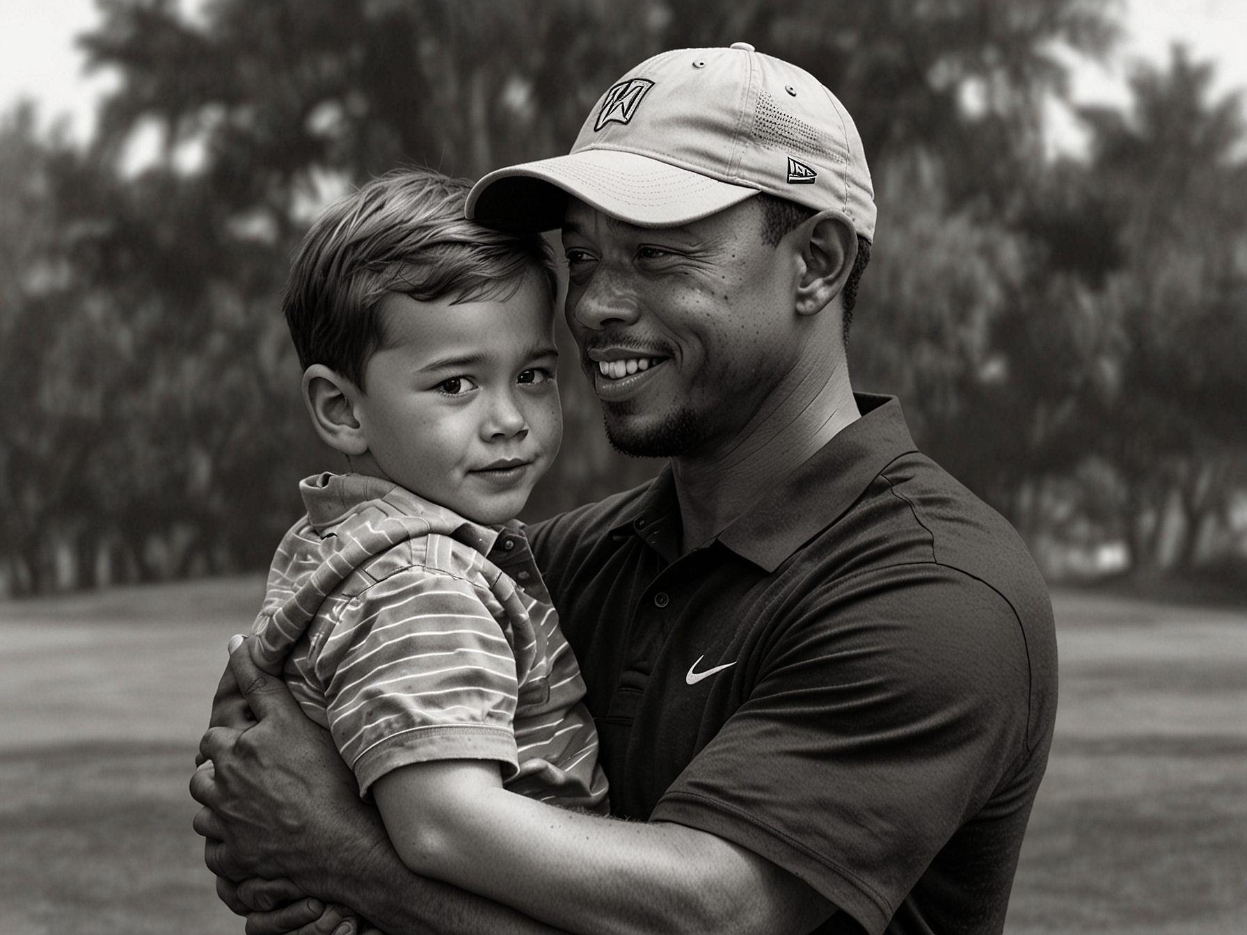 Tiger Woods warmly embraces his son, Charlie, on the golf course, illustrating their strong father-son bond and the support propelling Charlie's burgeoning career.