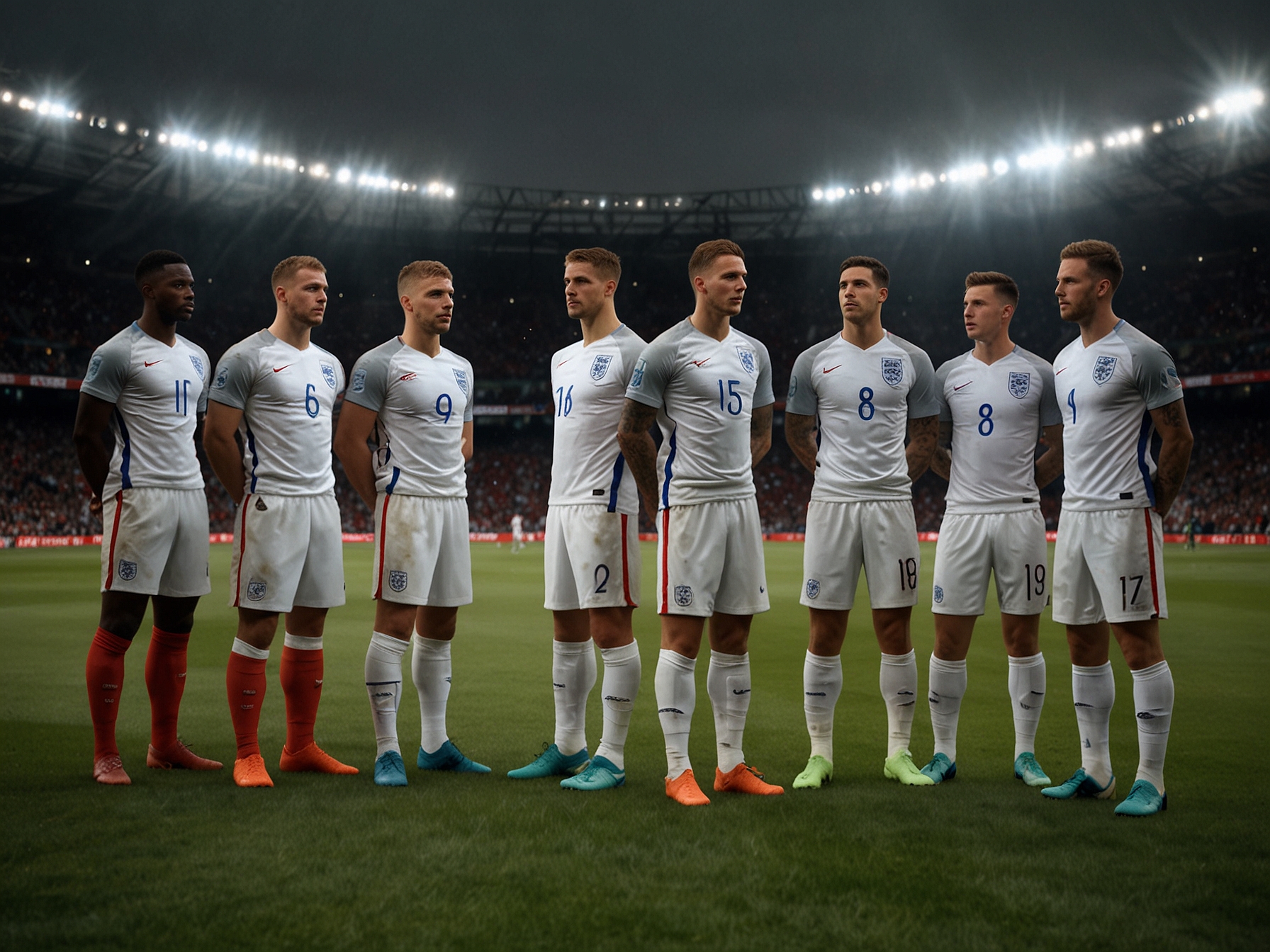 An image illustrating England's football team lined up on the pitch before the match against Denmark, looking determined but ultimately delivering a lackluster performance.