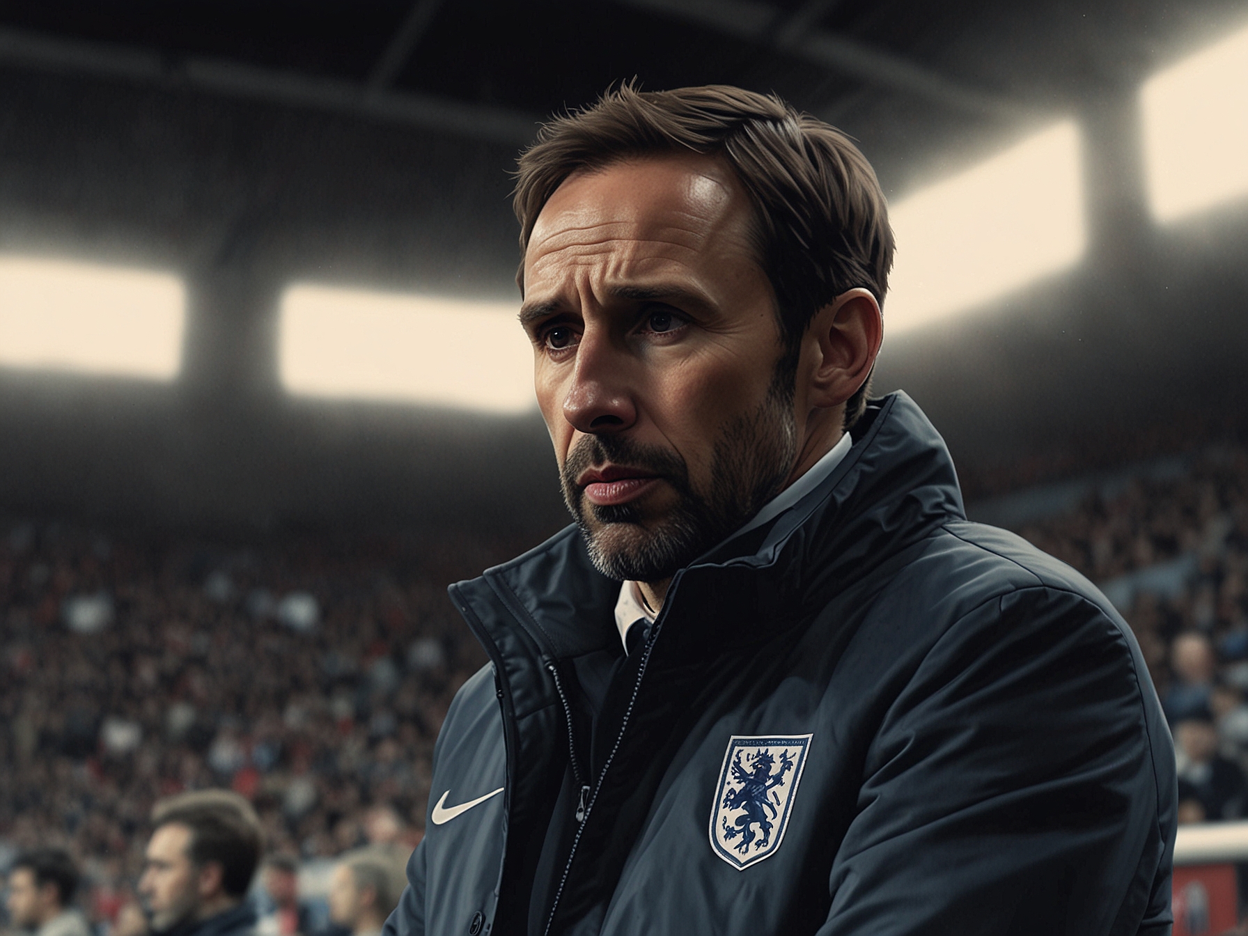 A snapshot of England manager Gareth Southgate on the sideline during the Denmark match, appearing deep in thought and concerned about his team's tactical execution.