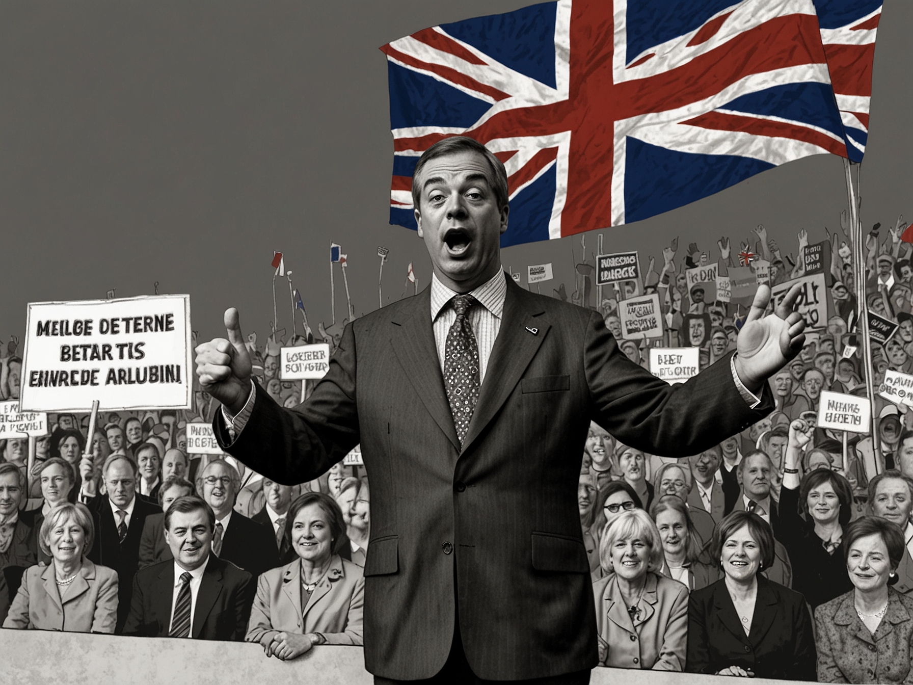 An illustration showing Nigel Farage at a political rally, addressing supporters with Reform UK banners. The image captures his formidable influence on the UK's political landscape.