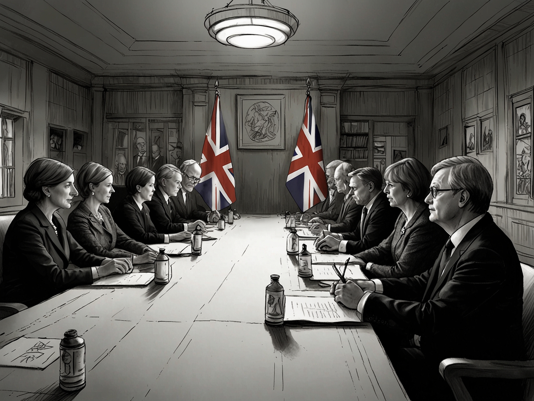 A diplomatic scene with representatives from Ireland and the UK discussing post-Brexit border policies. The image highlights potential cooperation efforts and challenges posed by UK political shifts.