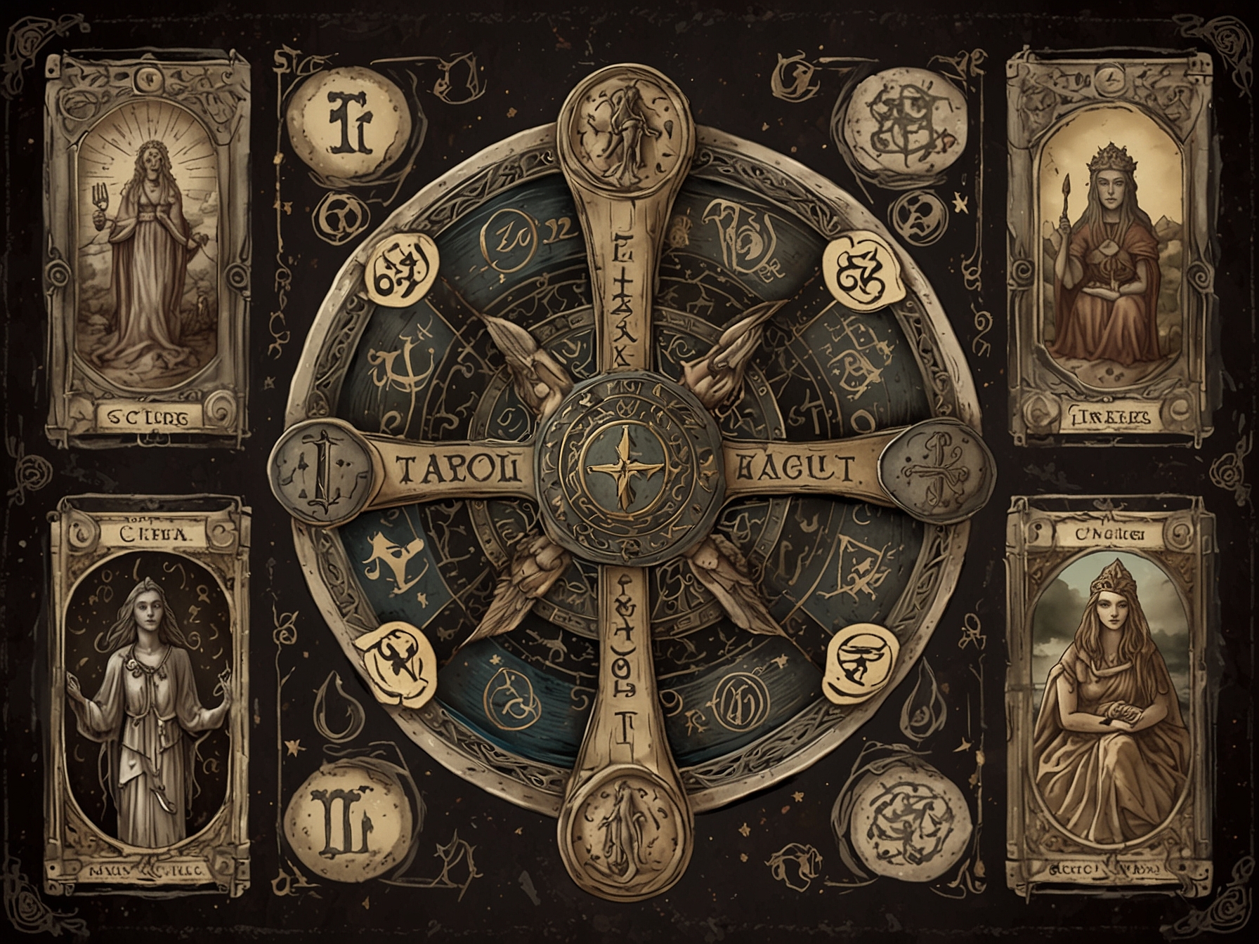 An illustration of tarot cards laid out in a Celtic Cross spread, surrounded by zodiac symbols. Each zodiac sign has a specially chosen card that reflects their weekly guidance.