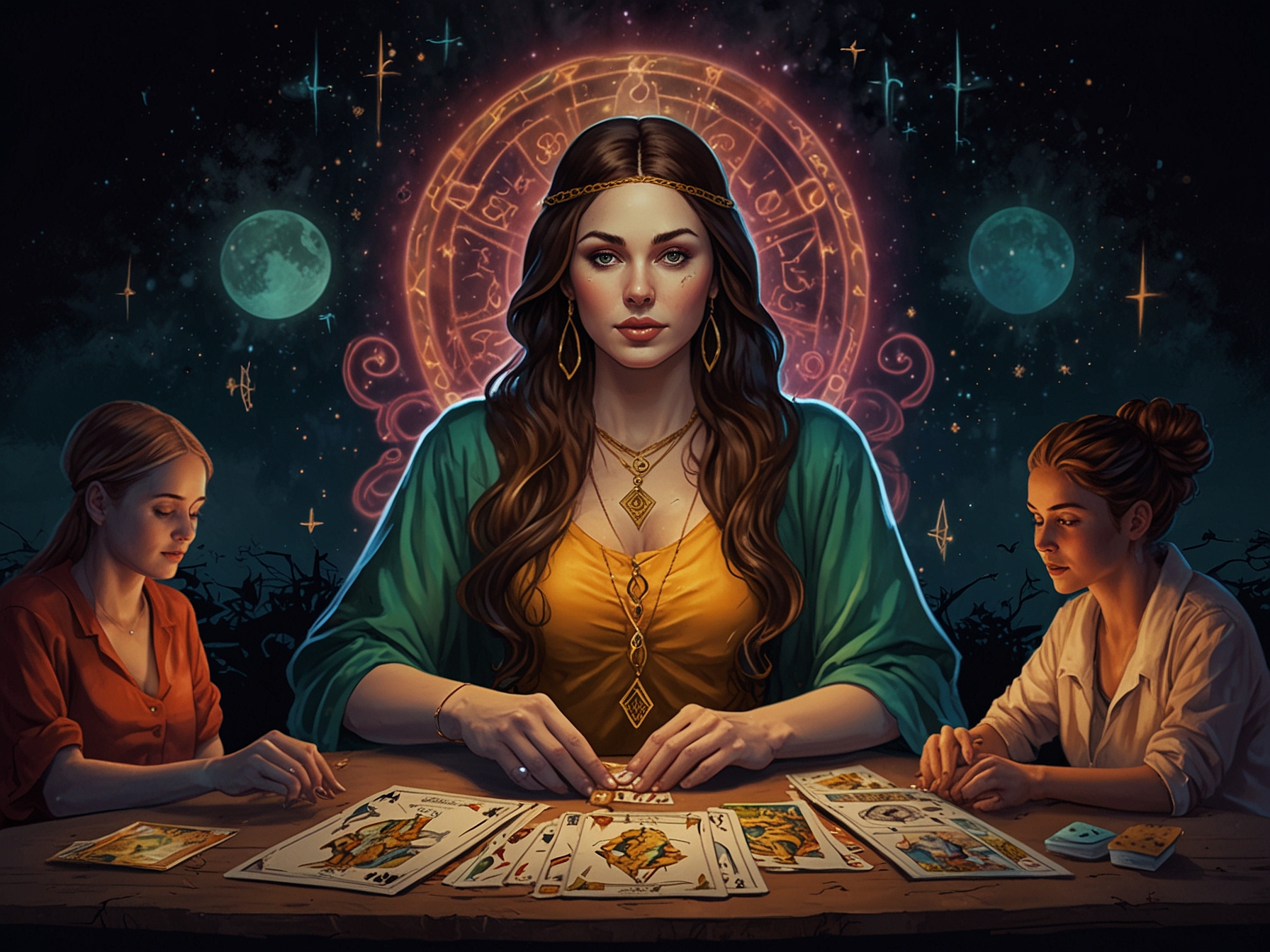 A vibrant image depicting a mystical tarot reader revealing cards to a curious audience. Each card highlights themes of love, career, and transformation for different zodiac signs.