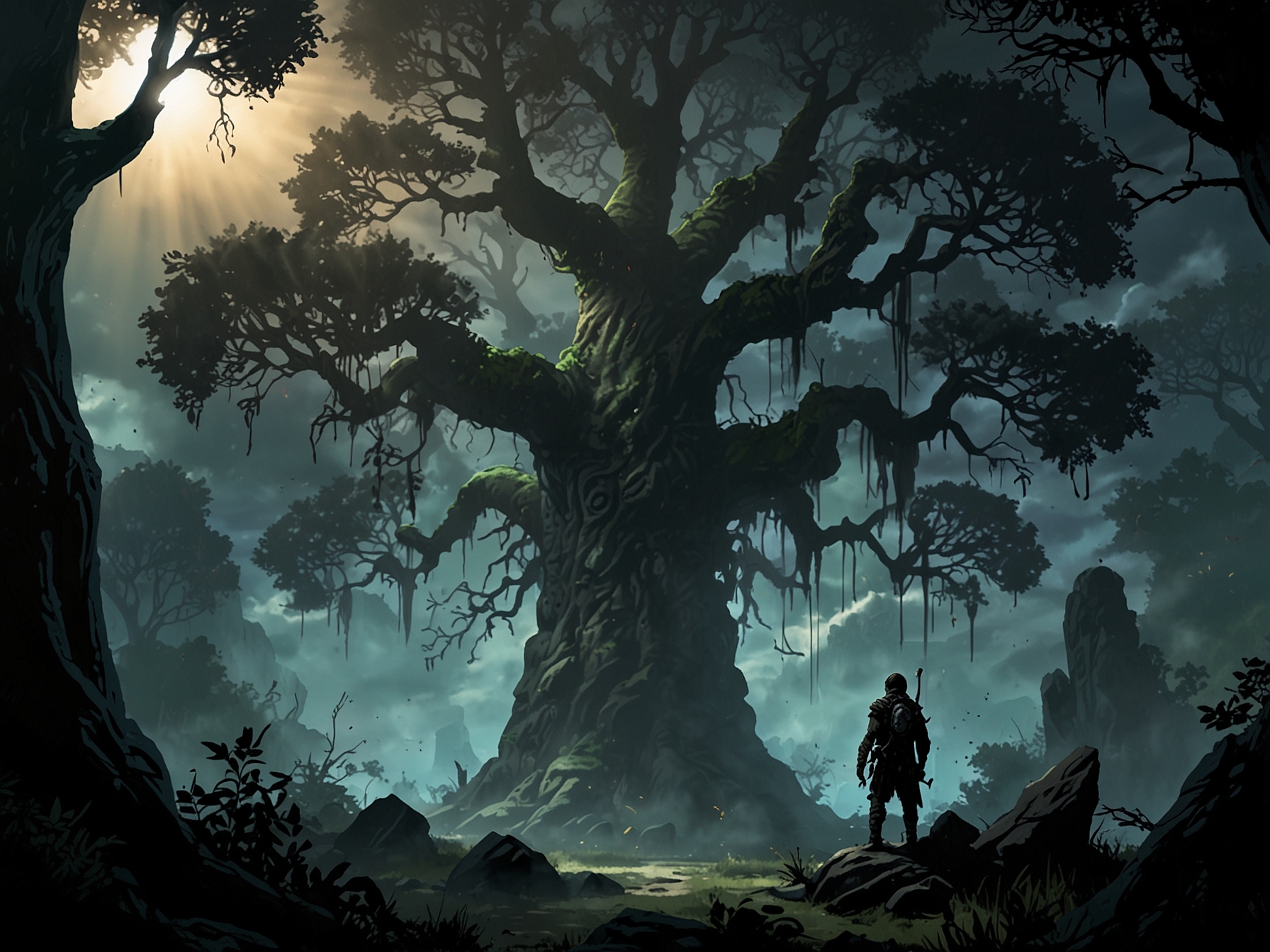 An illustration of an adventurer standing before the towering, mystical Erdtree, symbolizing the new depths of lore and exploration introduced in the 'Shadow of the Erdtree' expansion.