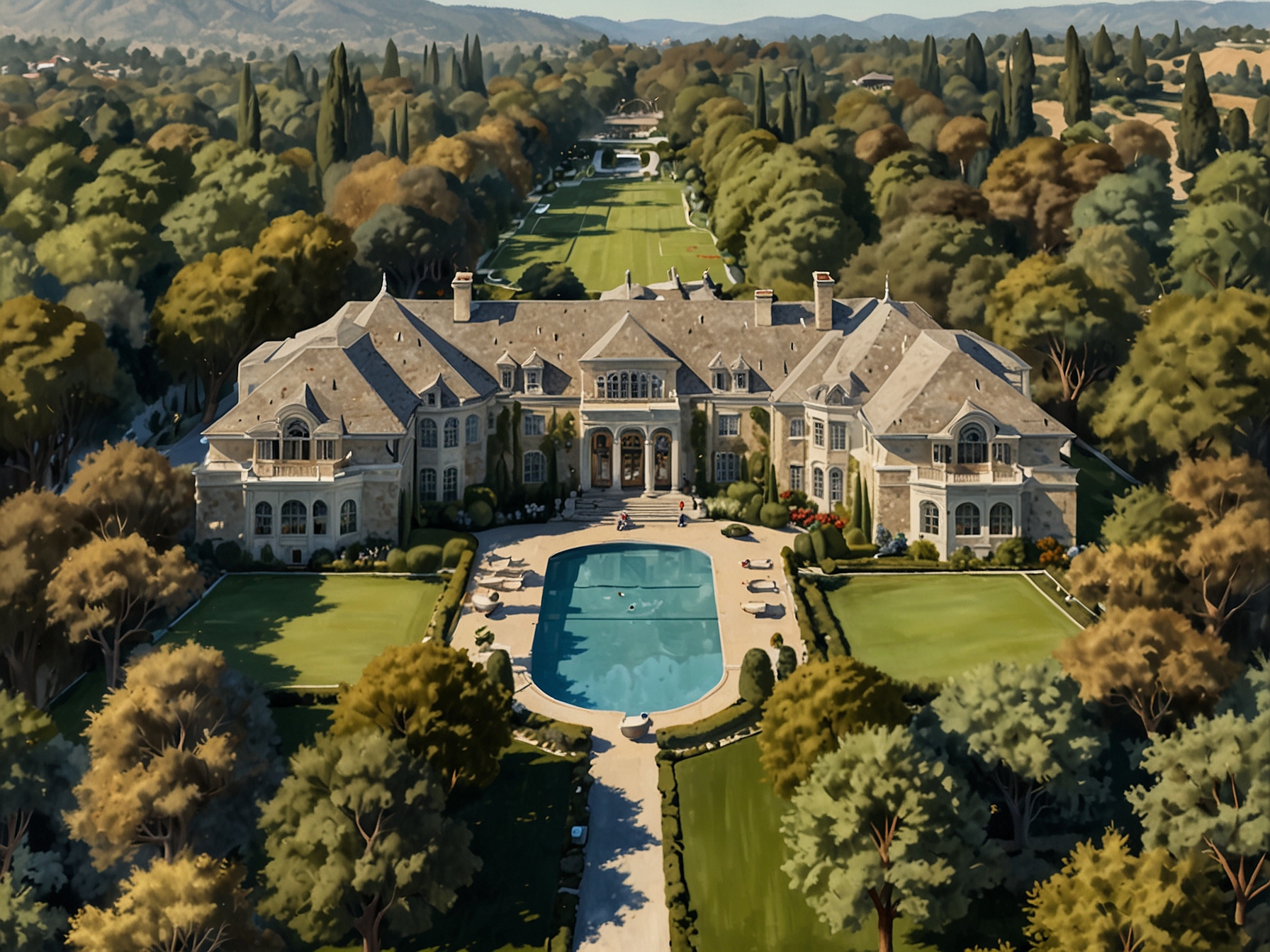 Aerial view of a sprawling Silicon Valley estate with landscaped gardens, swimming pool, tennis court, and luxury amenities, once owned by former Google CEO Eric Schmidt, sold for over $20 million.
