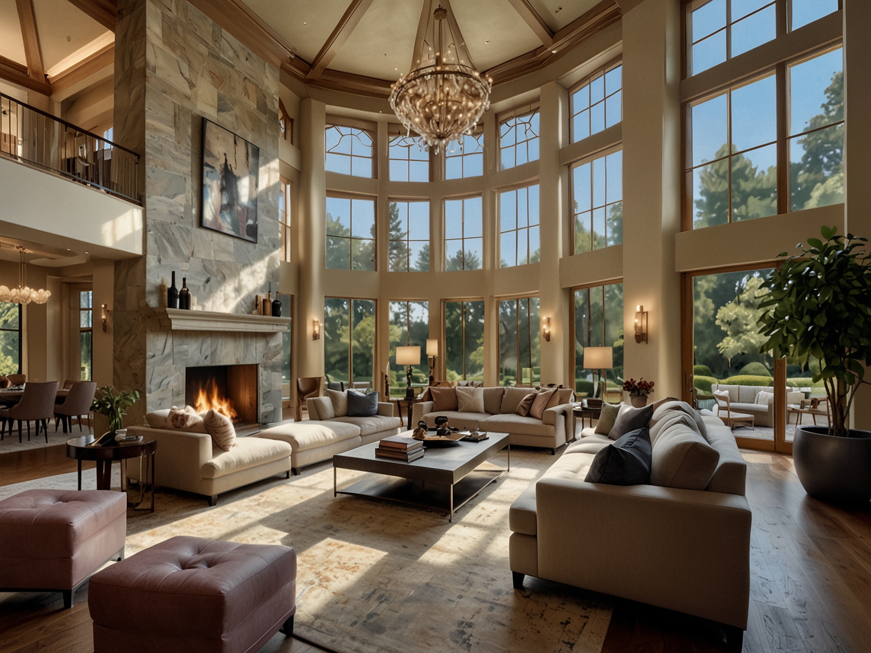 Elegant, high-ceiling living room of the Silicon Valley mansion with expansive windows, premium finishes, and opulent decor, illustrating the lavish interior of the property recently sold by Eric Schmidt.