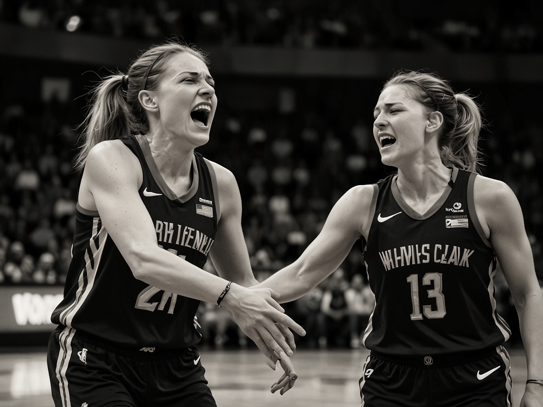 Caitlin Clark visibly in pain, clutching her arm after a brutal foul by a towering WNBA rival during a high-stakes game, highlighting the severe impact of the aggressive play.
