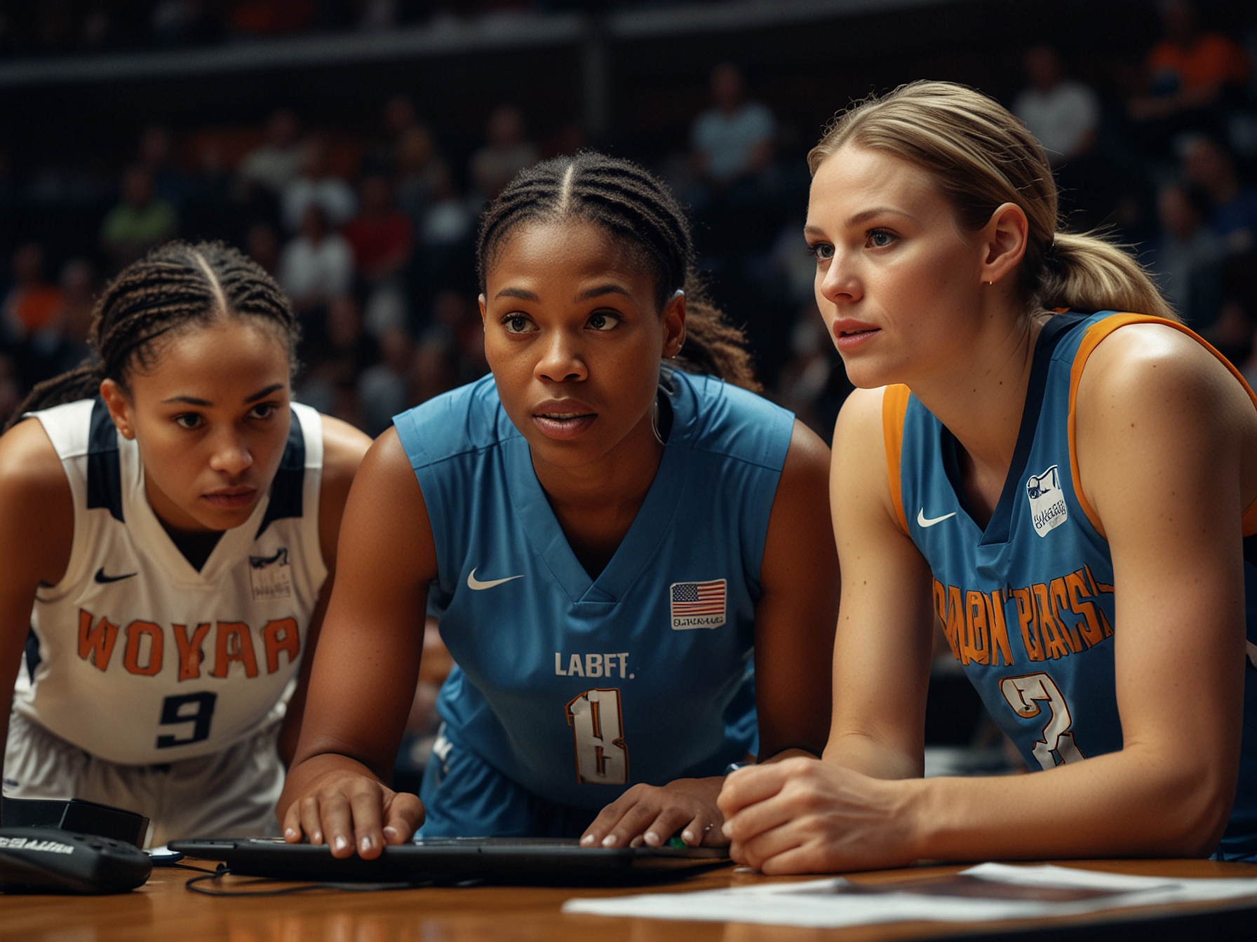 The WNBA official reviewing game footage on a monitor, with Clark’s teammates showing support in the background, emphasizing the scrutiny and controversy following the foul incident.