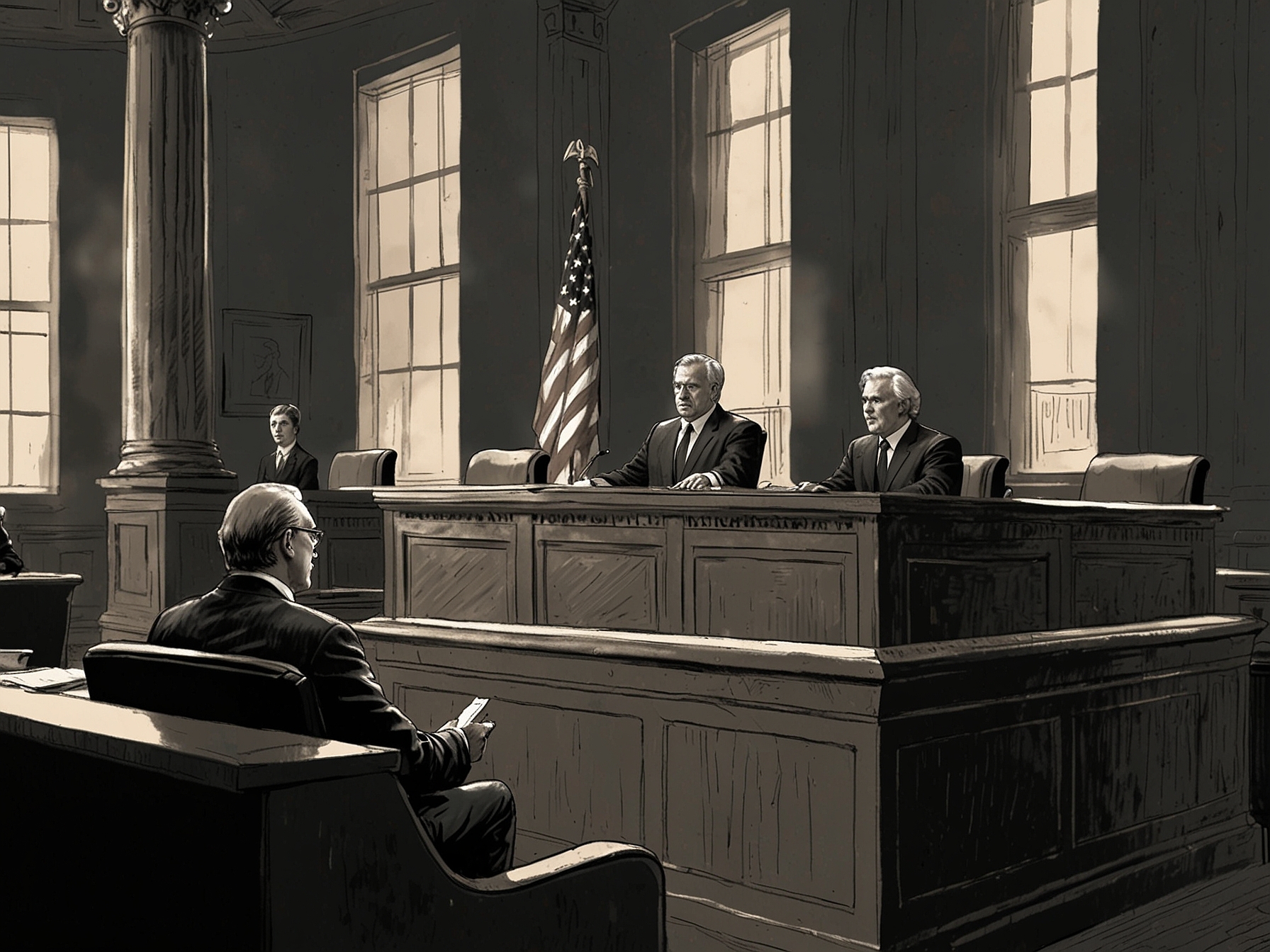 A courtroom scene with a federal judge delivering the ruling against Colorado's interest rate cap, highlighting the legal challenges in regulating interstate lending practices.