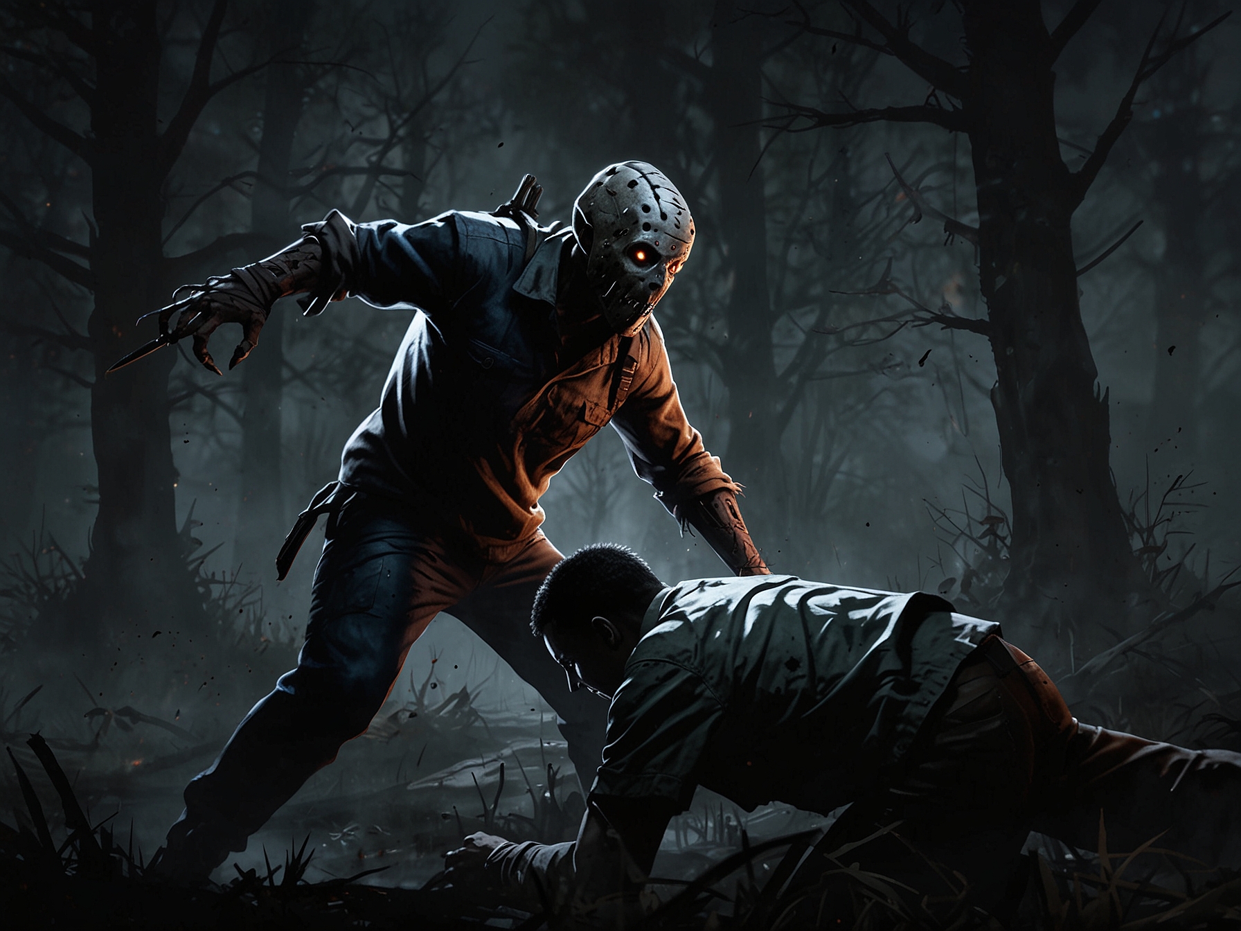 An intense moment from a Dead by Daylight match showing a Survivor struggling to escape while a Killer is nearby, illustrating the bug that led to Team Tremor's disqualification.