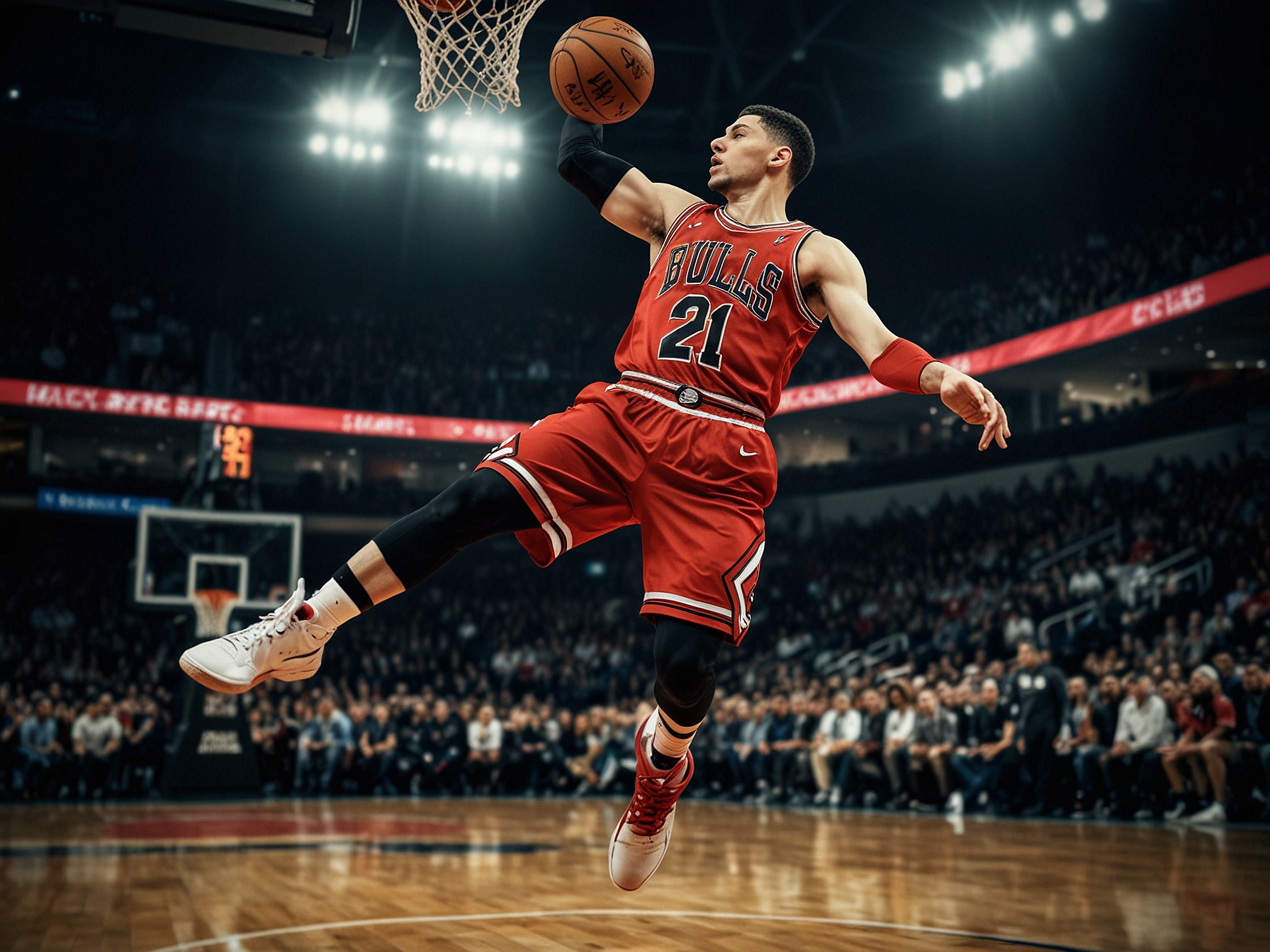 Zach LaVine in Chicago Bulls uniform, executing a high-flying dunk during a game, symbolizing his scoring prowess and central role in the team's recent history.