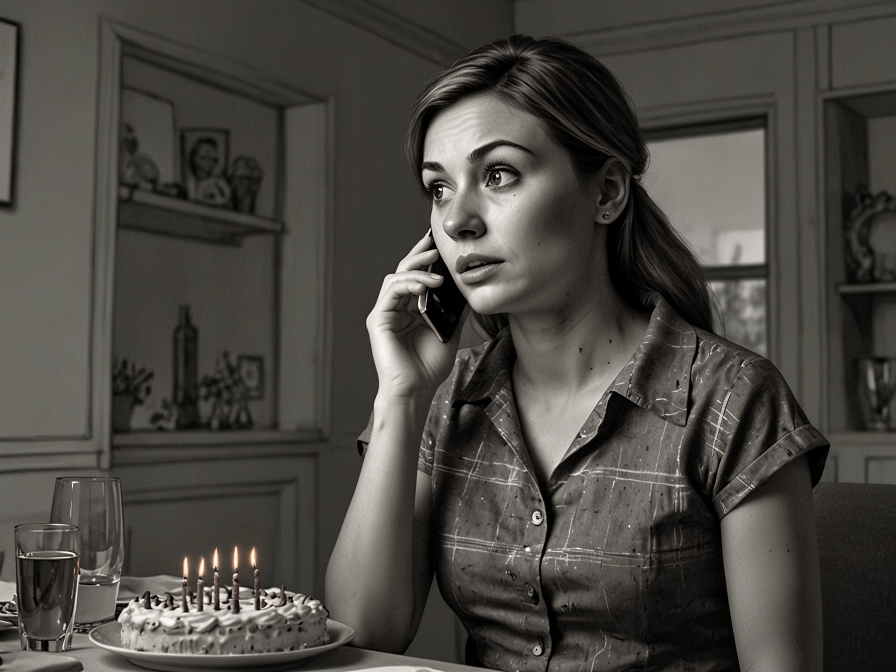 An illustration of a wife looking distressed while eavesdropping on a surprise birthday party being planned by her mother-in-law, who is on the phone.