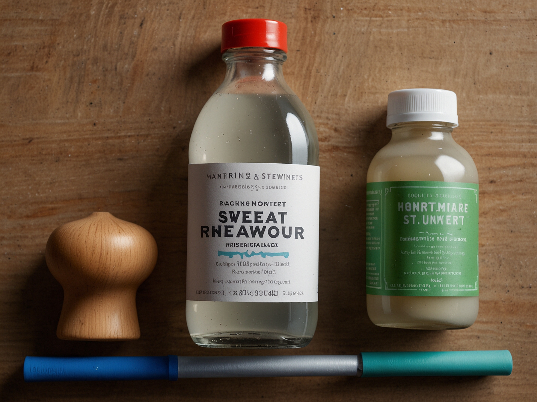 Illustration of white vinegar, baking soda, and essential oils on a table, showing the simple household items required for Martha Stewart's effective sweat odour removal hack.