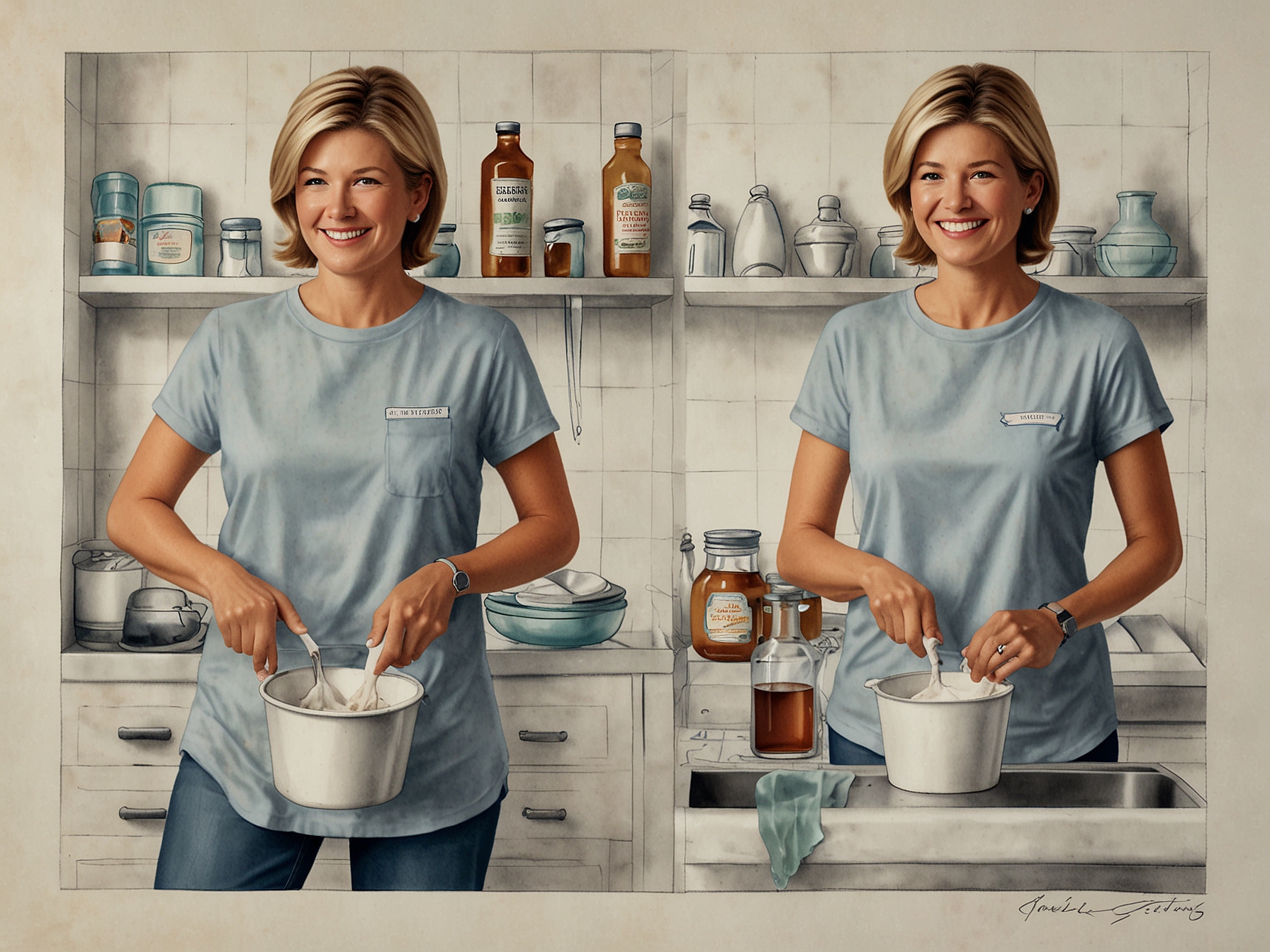 Graphic showing step-by-step process: applying vinegar to sweat-stained areas, spreading baking soda paste, and washing clothes, highlighting the practical steps in Martha Stewart's method.