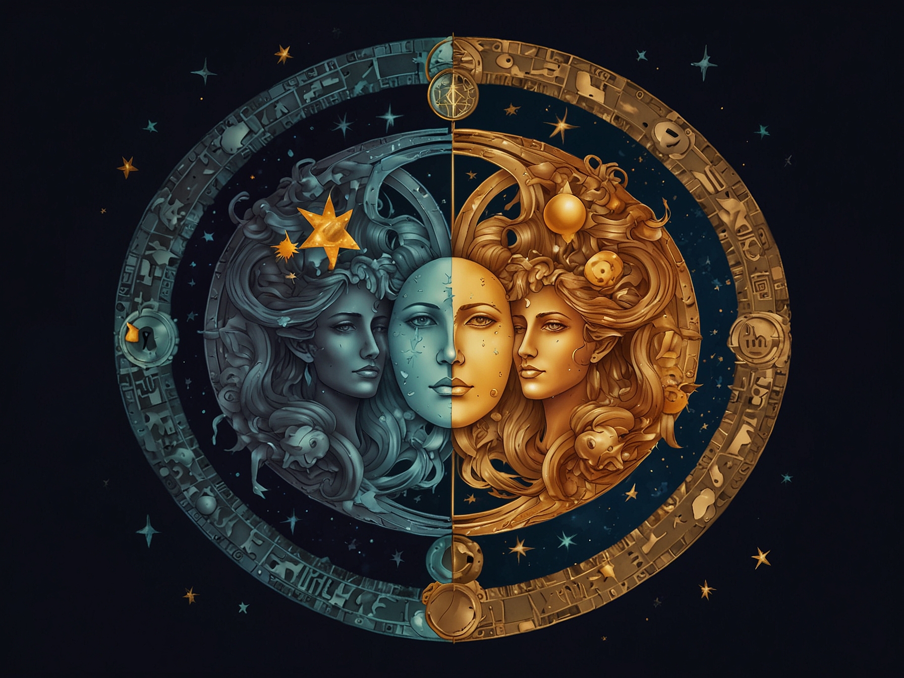 An illustration of a Gemini zodiac symbol with celestial elements highlighting the Moon's influence, symbolizing transformational energy in relationships and finance on June 21, 2024.
