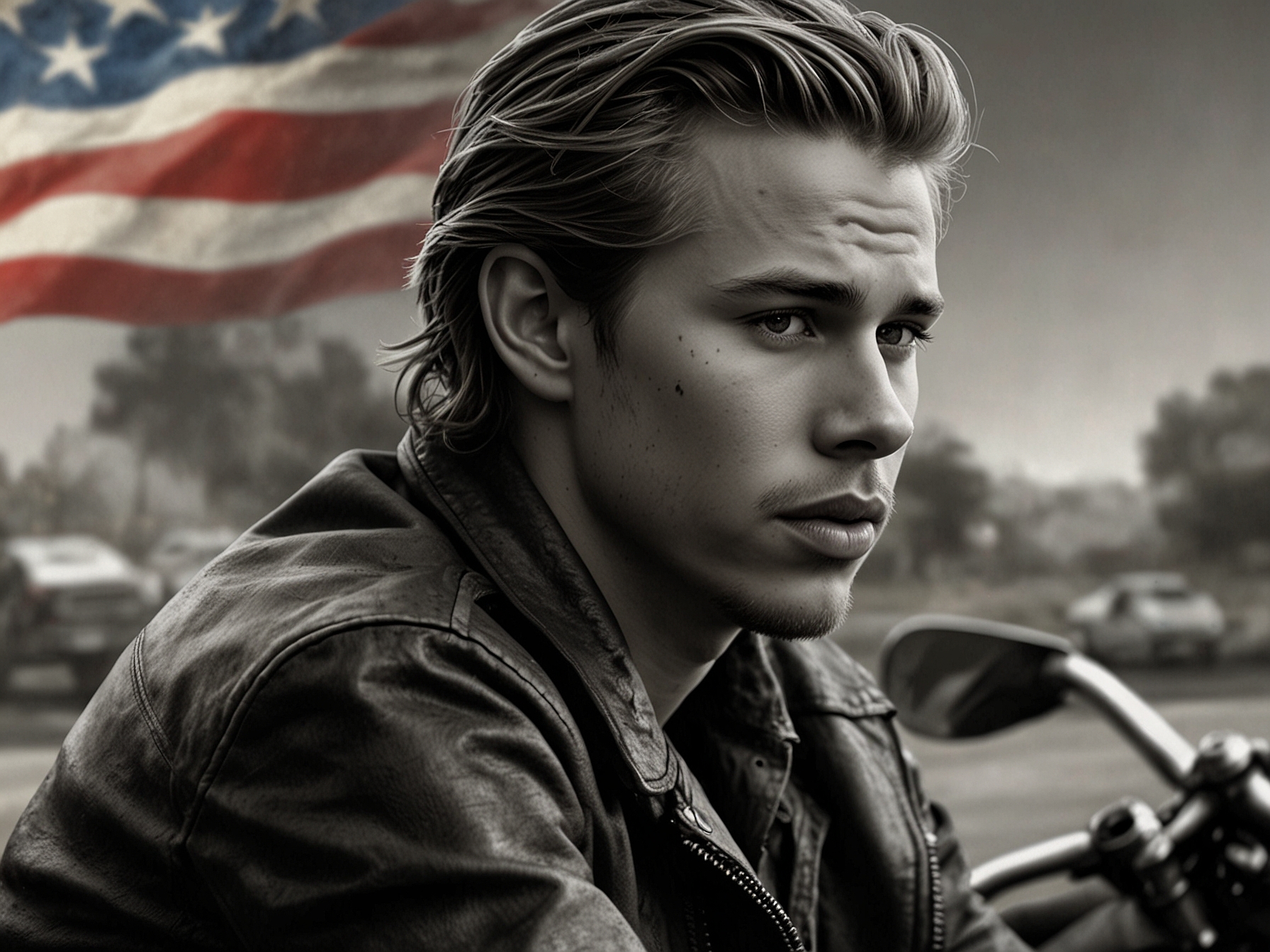 A promotional image of Austin Butler from his latest film 'The Bikeriders', illustrating his dedication to the role and the film's significance in his career.