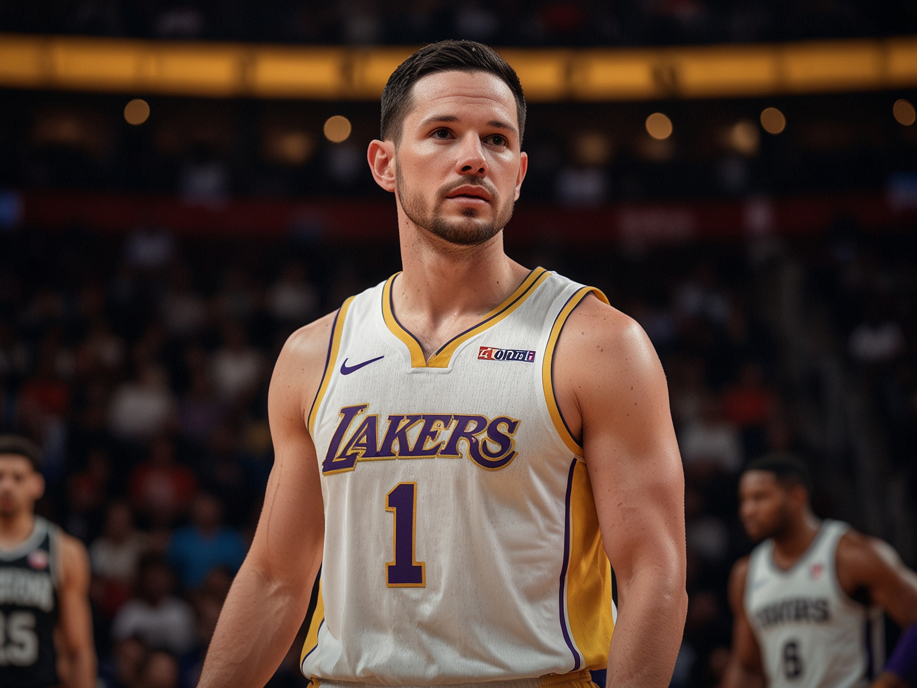 JJ Redick, in Lakers apparel, stands confidently on the basketball court, symbolizing his new role as head coach of the Los Angeles Lakers and marking the beginning of his coaching career.