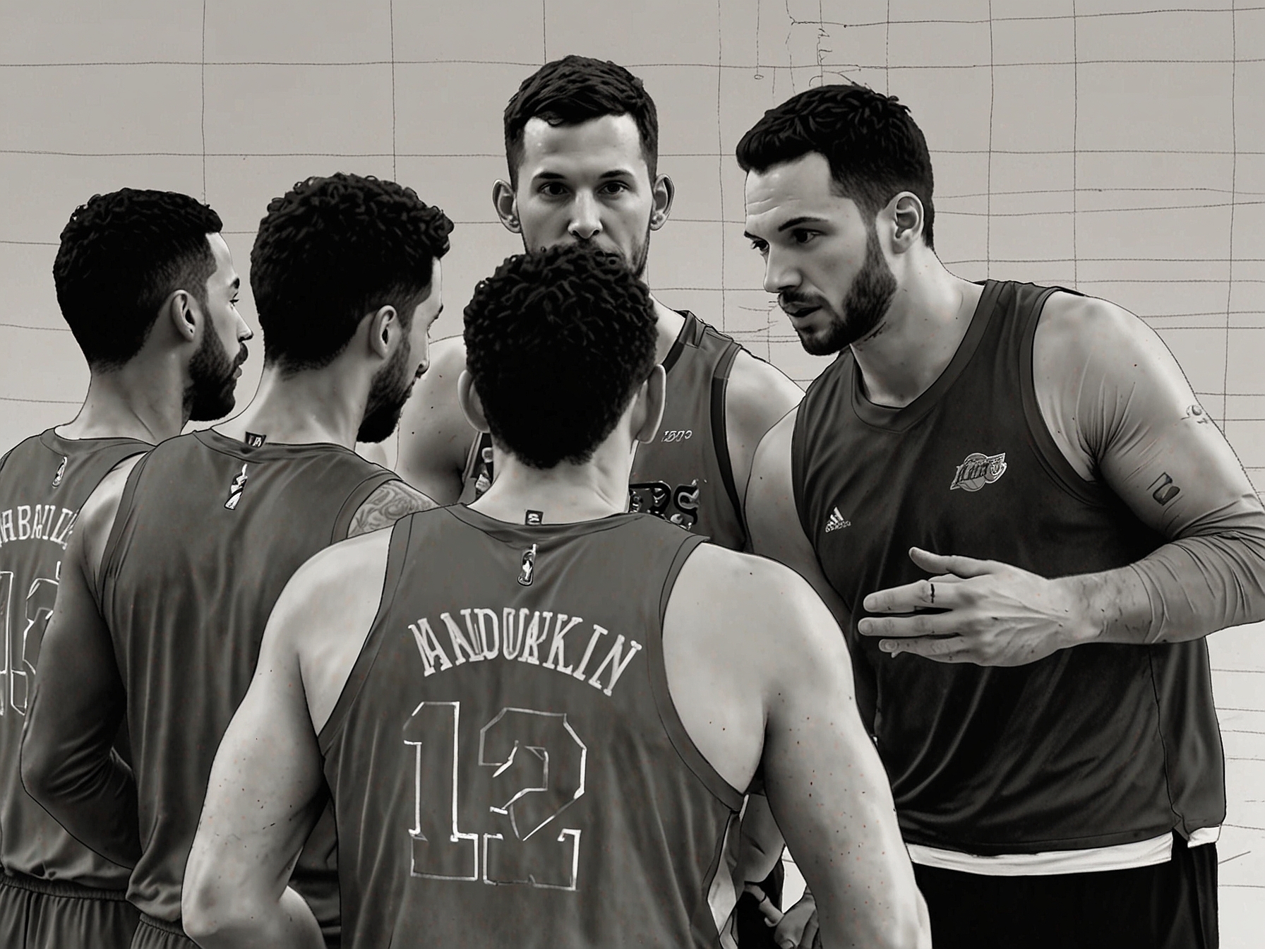 The Lakers' team huddles together during a practice session, with JJ Redick visible at the forefront, directing and discussing strategies, highlighting his transition from analyst to head coach.