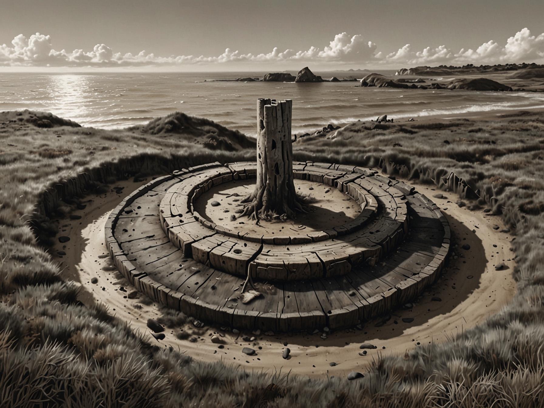 An aerial view of the ancient Seahenge site, showing the upturned tree stump surrounded by a timber circle, with the scenic Norfolk coastline in the background.