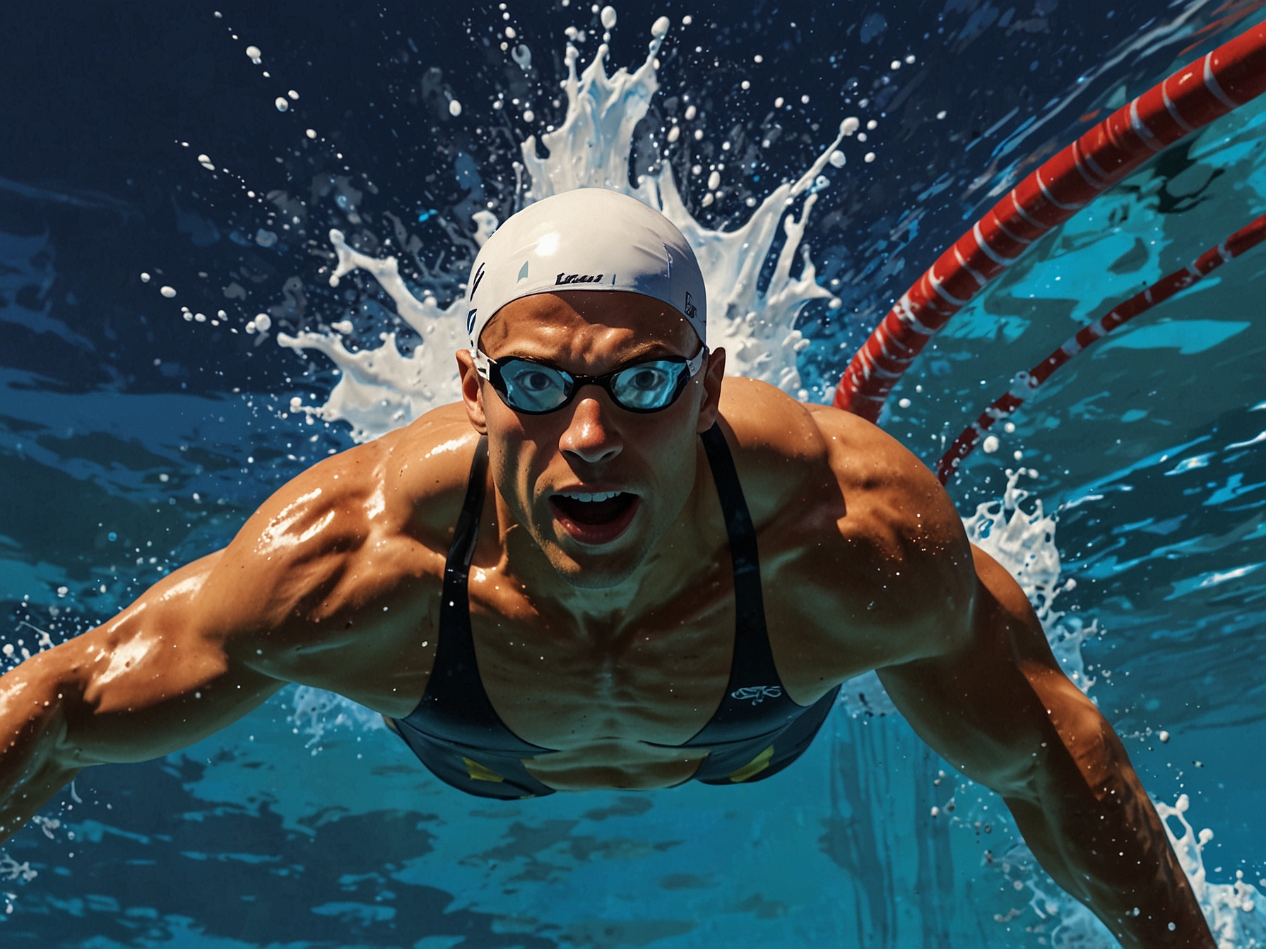 An action shot of Matt Grevers furiously swimming in a butterfly stroke, his powerful form and technique on full display as he competes, inspiring both fans and fellow athletes at the swimming trials.