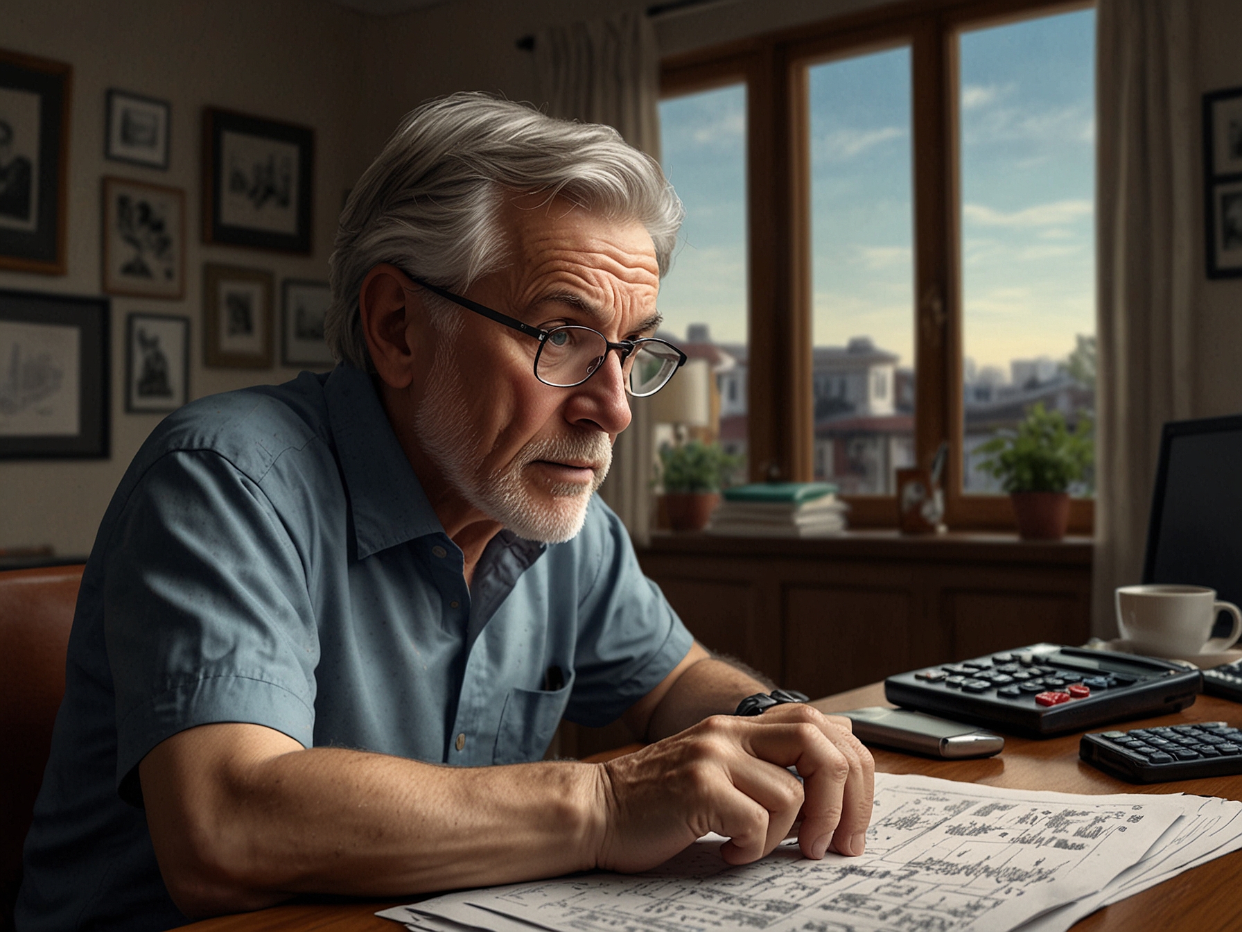 A worried Gen Xer looks at financial documents and a calculator in their home office, illustrating the financial anxieties and retirement challenges faced by this demographic.