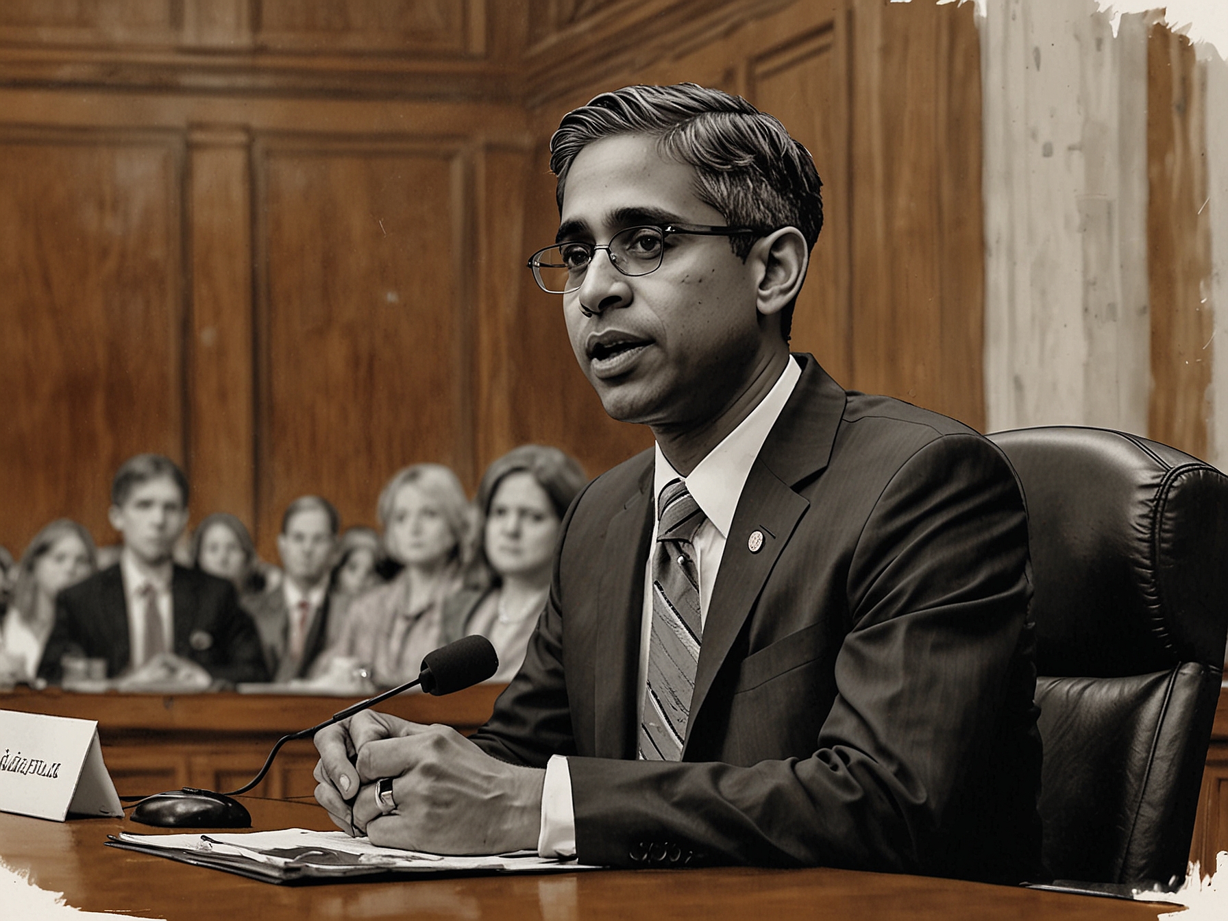 Dr. Vivek Murthy addresses a congressional hearing, emphasizing the need for mandatory warning labels on social media to protect mental health, particularly among adolescents and young adults.