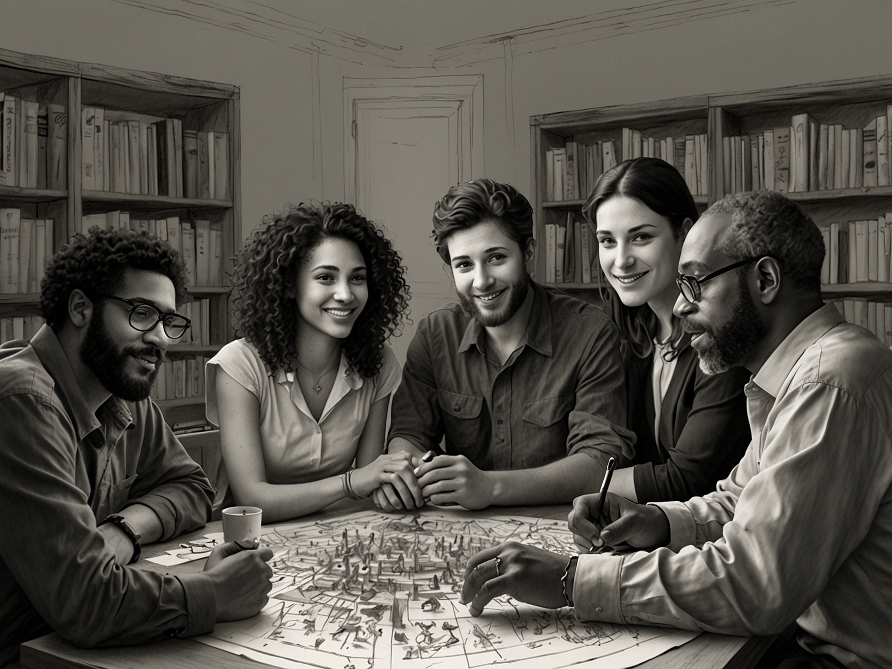 The second image depicts a diverse group of filmmakers brainstorming around a table, representing the collaboration and diversity of perspectives within the Jewish Story Partners' supported projects.