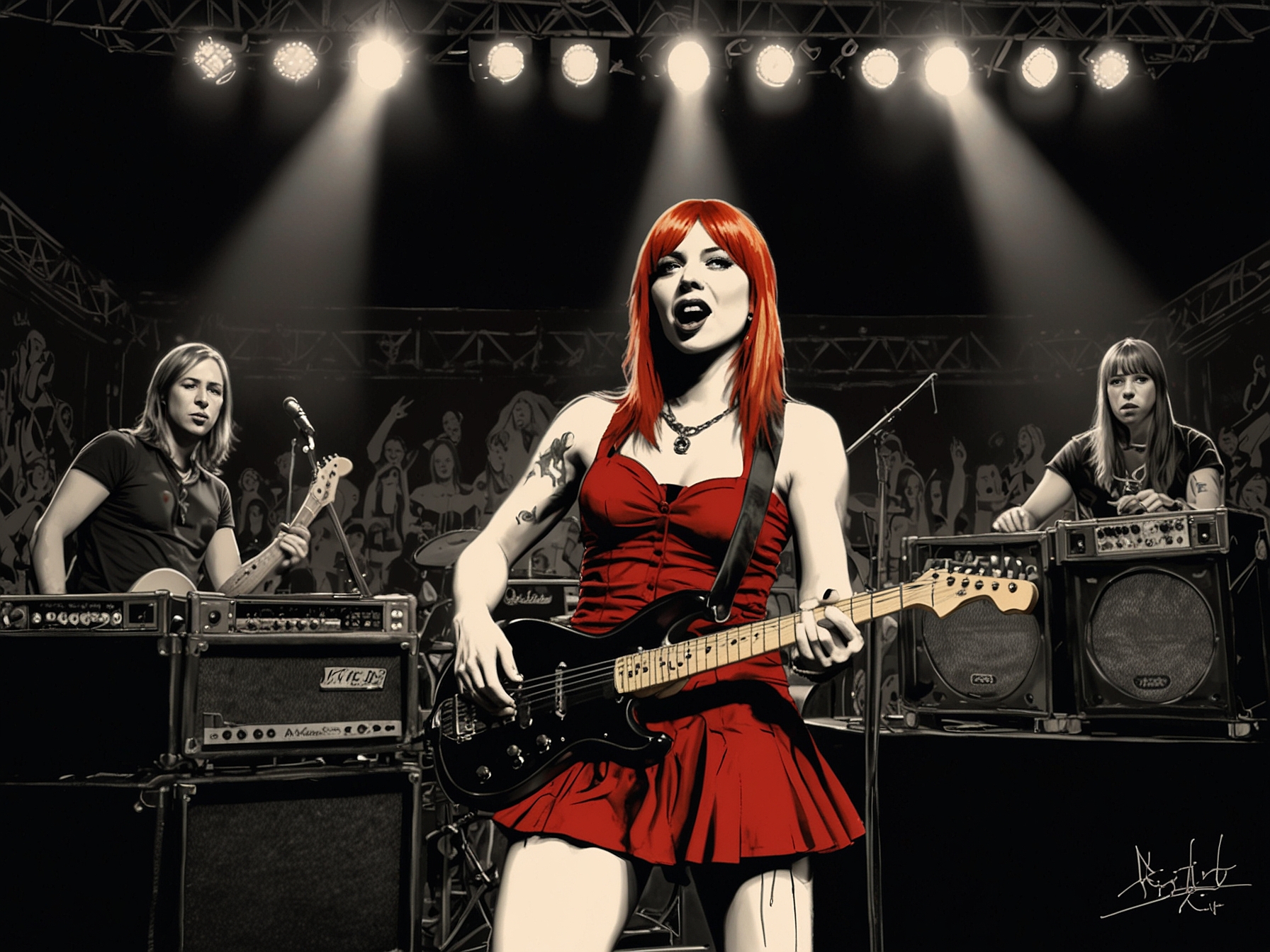 A vibrant live performance of Kittie, showcasing their energetic stage presence and the electric atmosphere of their concerts, with the band members passionately playing their instruments.