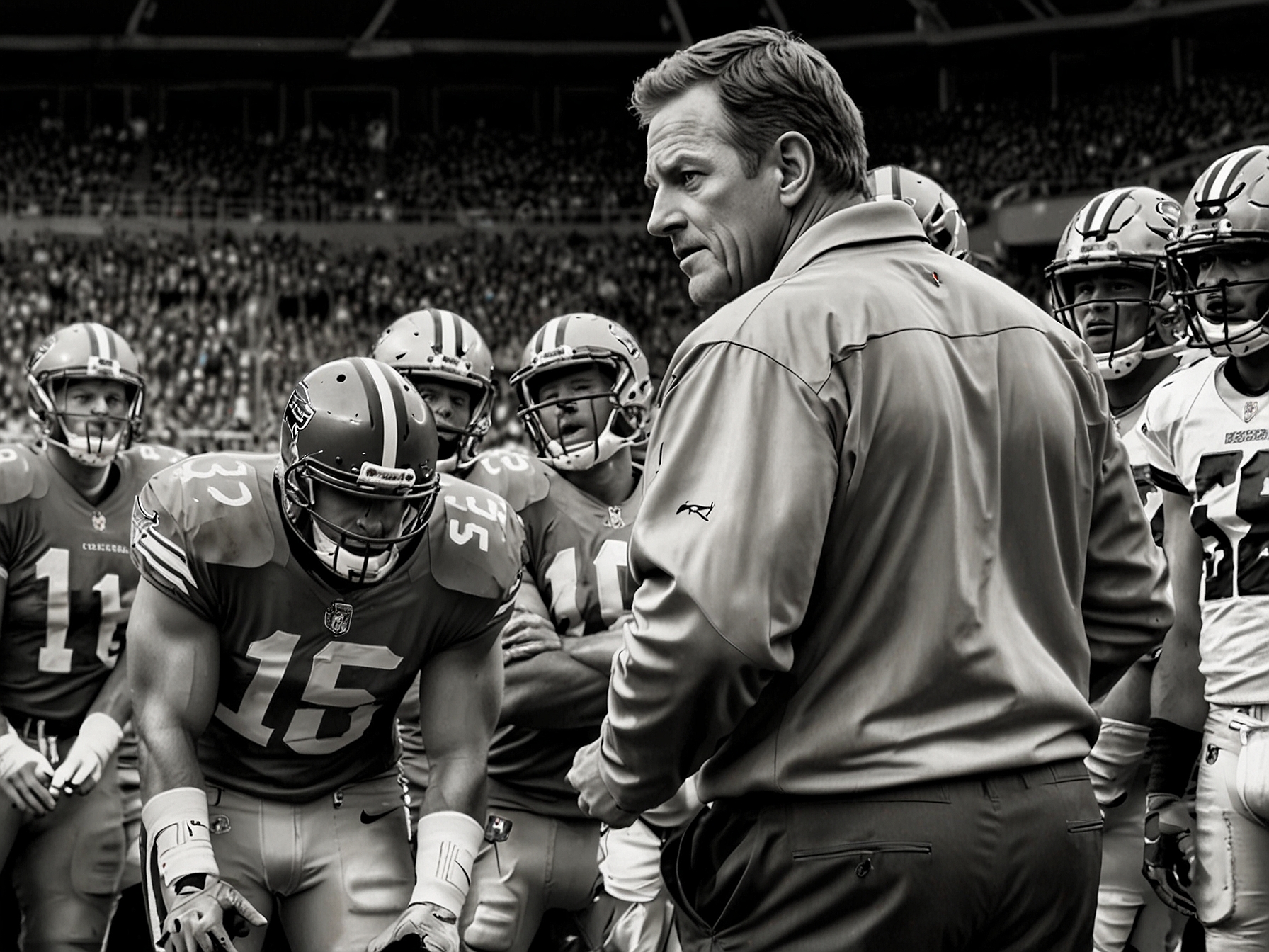 An NFL coach strategizes with his team on the sidelines, highlighting the new flexibility in roster management by allowing two players to return from the Injured Reserve list during the postseason.