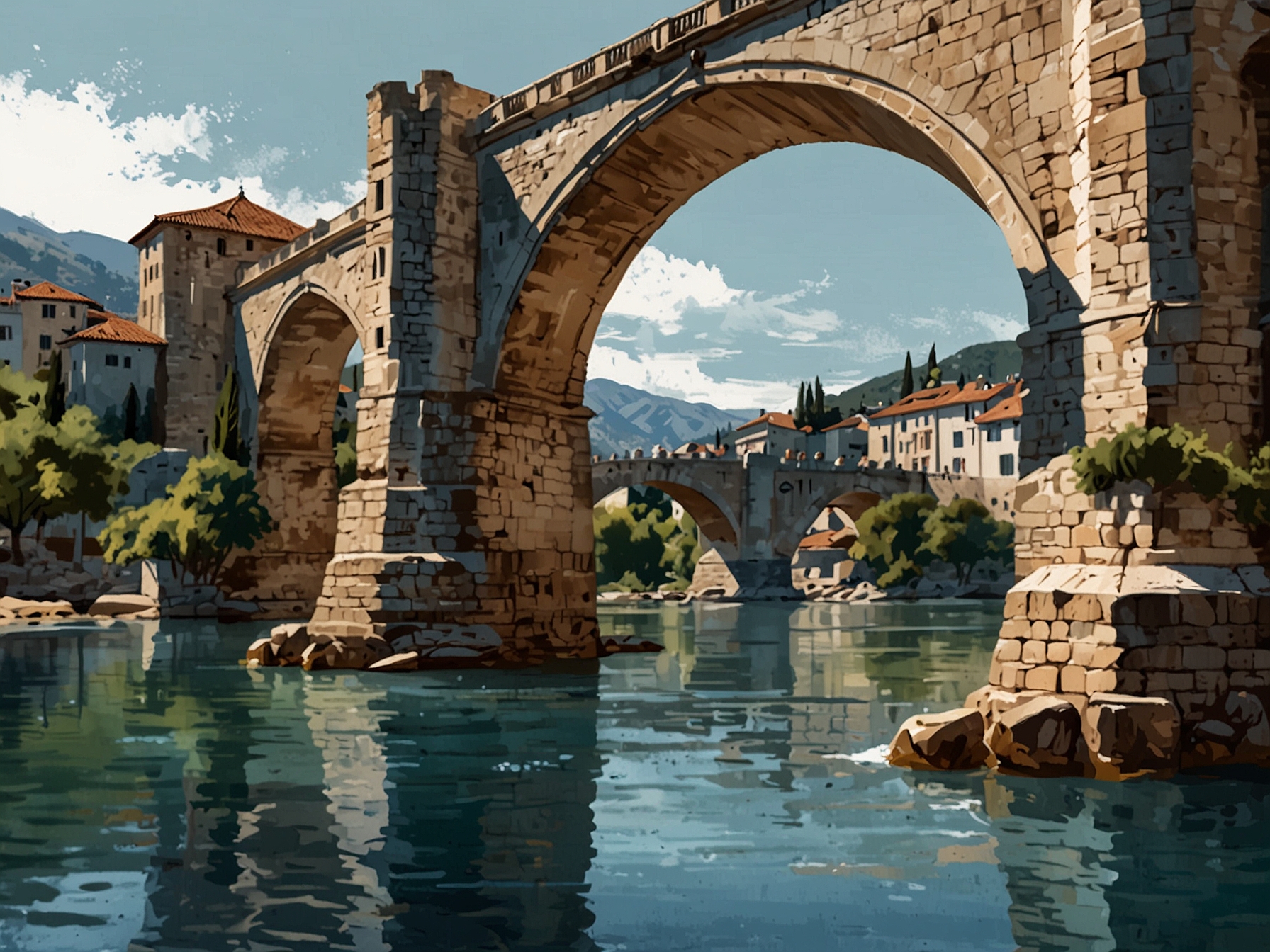 A stunning view of Stari Most arches elegantly over the Neretva River, reflecting in its serene waters during a clear day. Tourists gather around, captivated by its historic charm.