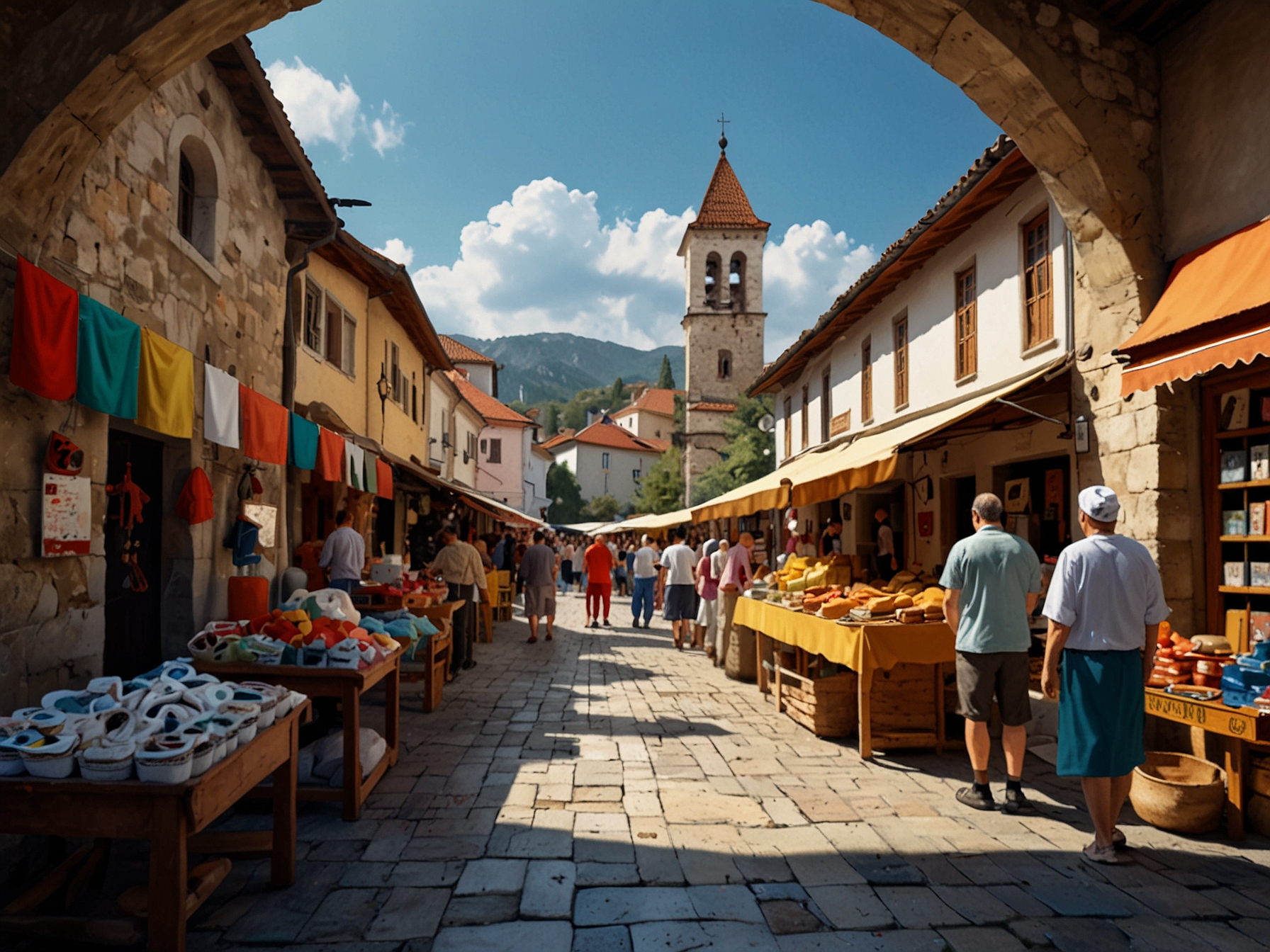 The vibrant Old Bazaar near Stari Most, filled with colorful crafts and souvenirs, attracts visitors eager to experience the traditional Bosnian culture and its rich history.
