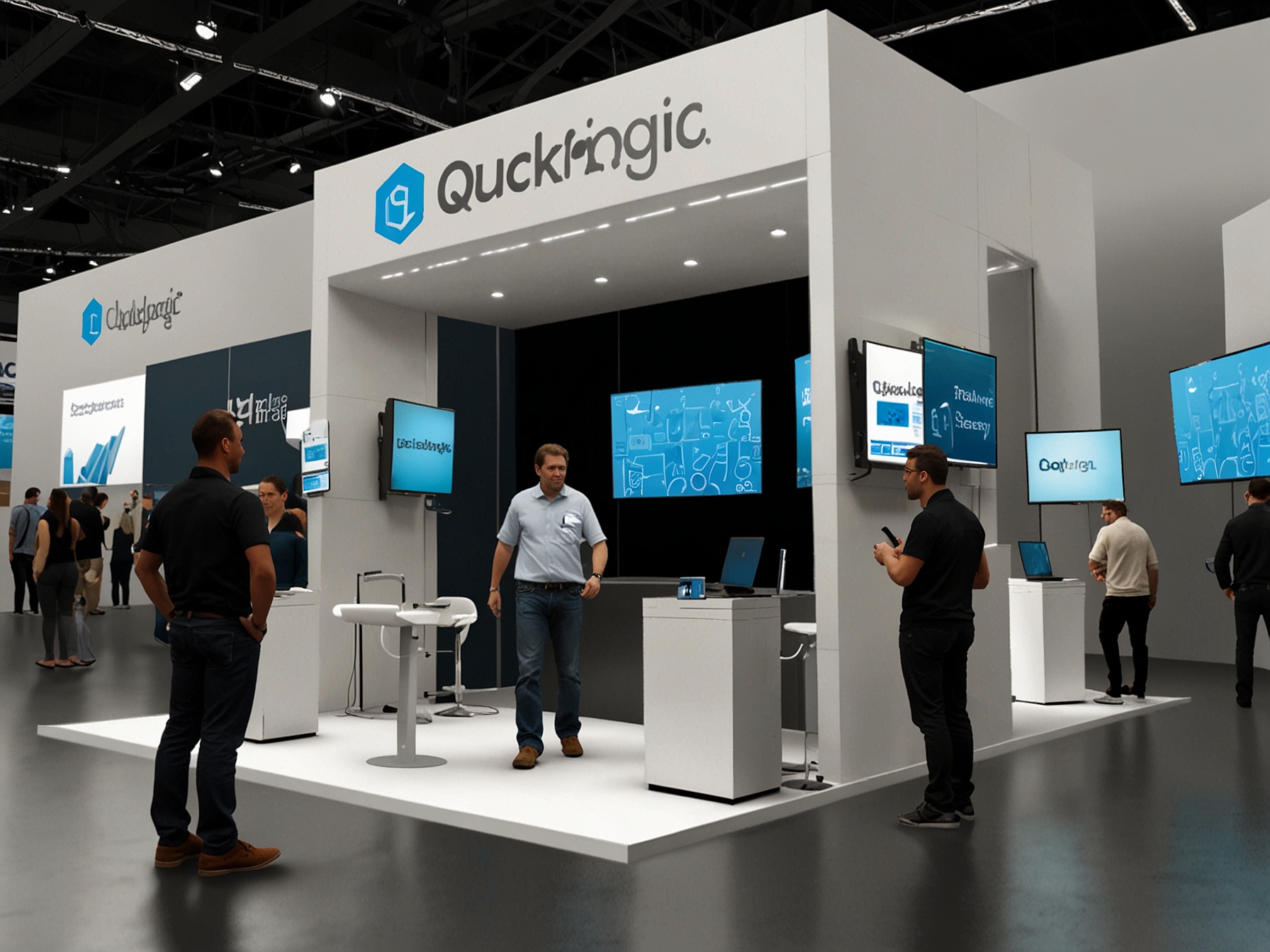 QuickLogic’s booth at DAC 2024 featuring live demonstrations of eFPGA technology, illustrating its applications in custom chip design and hardware acceleration.
